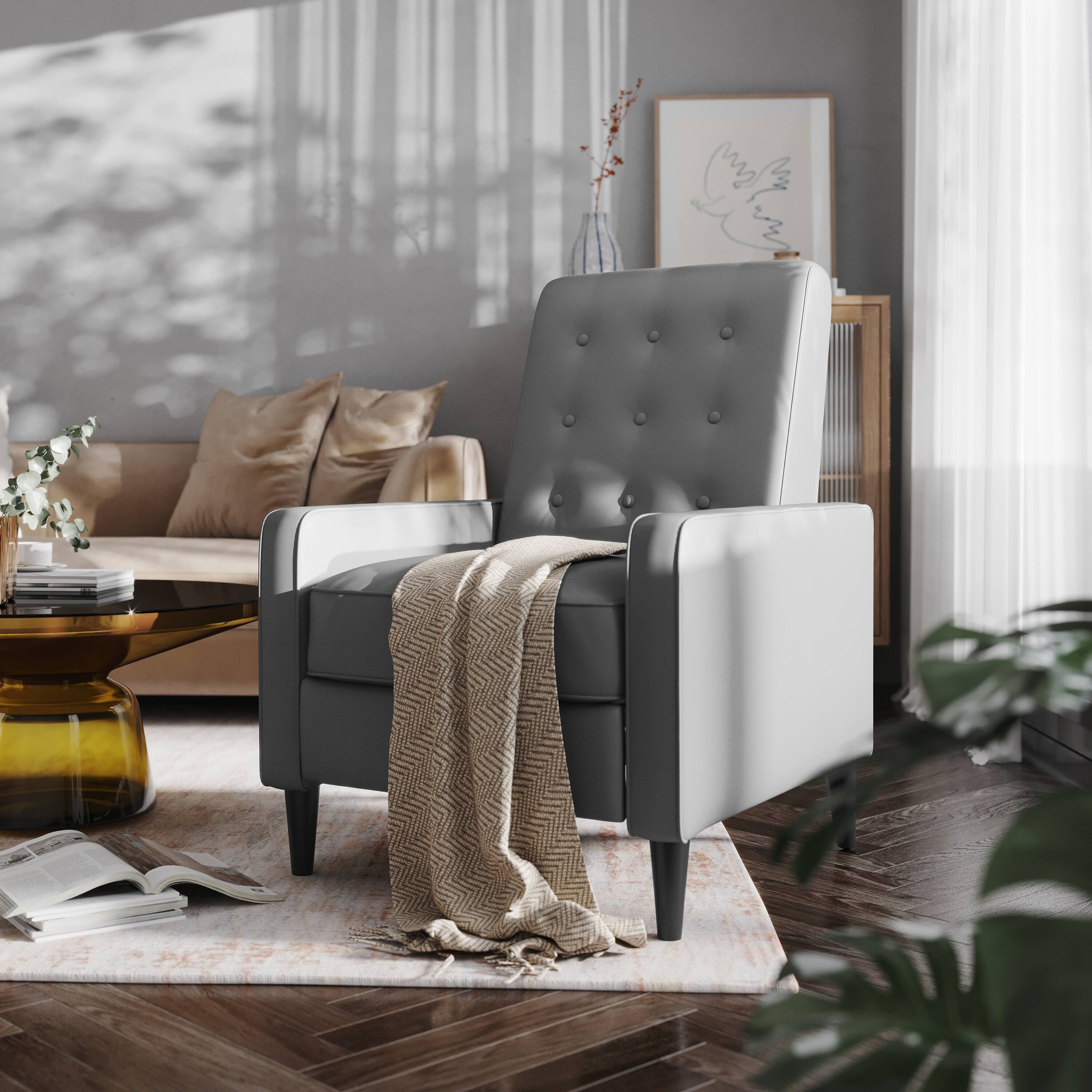 Alt View 1. Emma + Oliver - Jules Mid-Century Modern Button Tufted Upholstered Easy Pushback Recliner with Wooden Legs - Light Gray.