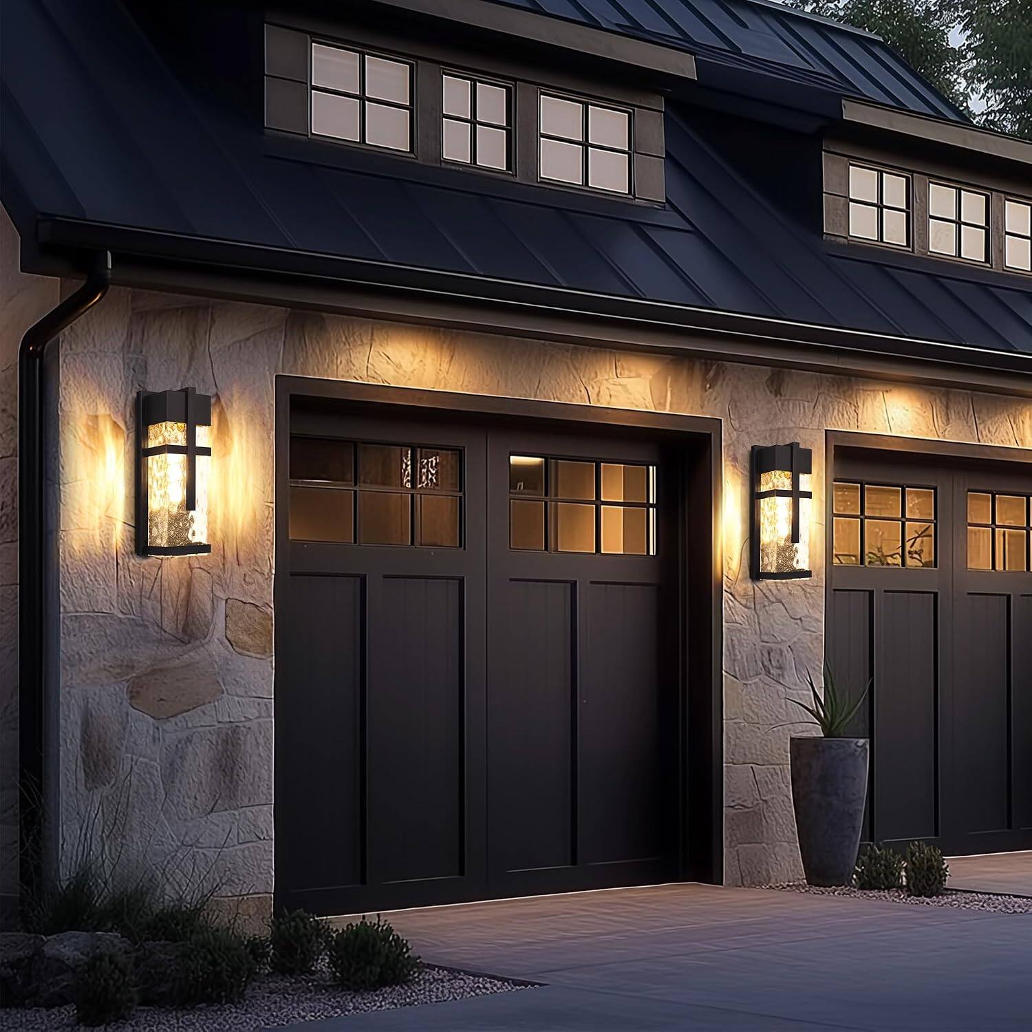 Alt View 2. partphoner - Hammered Glass Dusk to Dawn Exterior Wall Lantern, Waterproof Porch Light - Black.