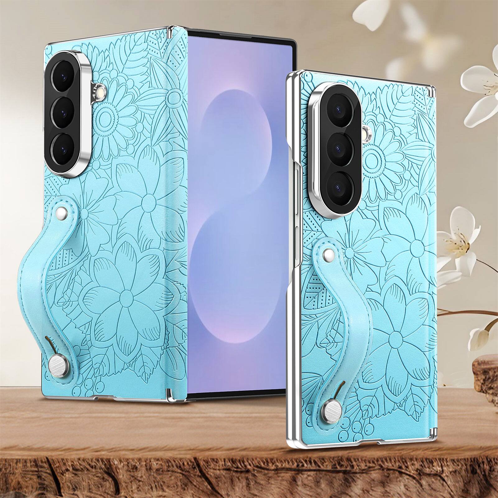 Alt View 3. Dteck - Shockproof Case for Samsung Galaxy Z Fold8 Ultra with Wristband, Floral Leather Texture Rigid Plastic Hinge Phone Cover - Blue.