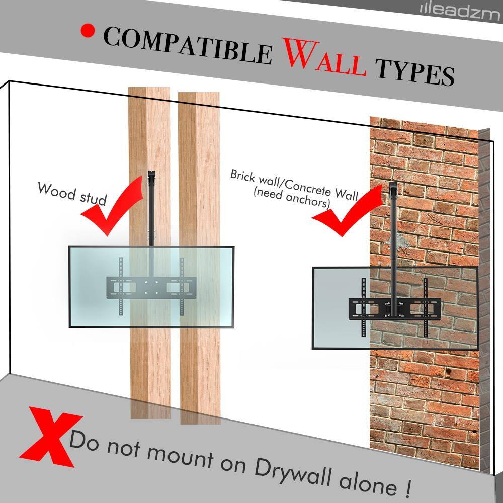 COMPATIBLE WALL TYPES

- Wood stud
- Brick wall/Concrete Wall (need anchors)

Do not mount on Drywall alone!