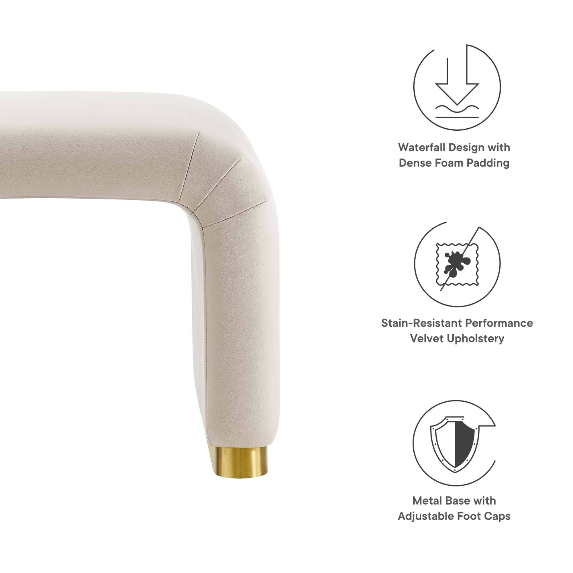 Waterfall Design with Dense Foam Padding  
Stain-Resistant Performance Velvet Upholstery  
Metal Base with Adjustable Foot Caps