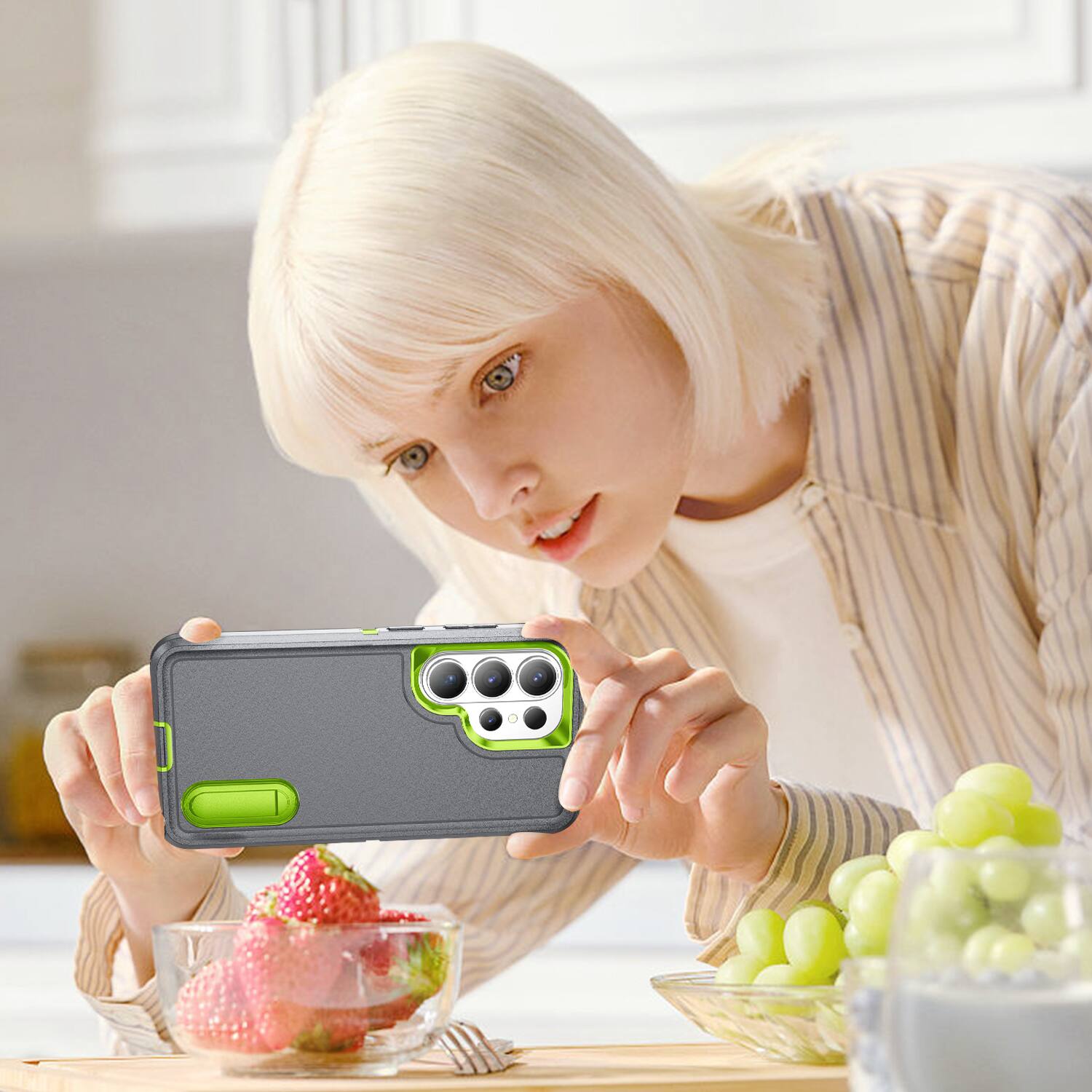 Alt View 4. Dteck - Heavy Duty Case for Samsung Galaxy S26 Ultra w/ Foldable Kickstand,Dual-Layer Shockproof Hard PC Soft Silicone Cover - Gray/Green.