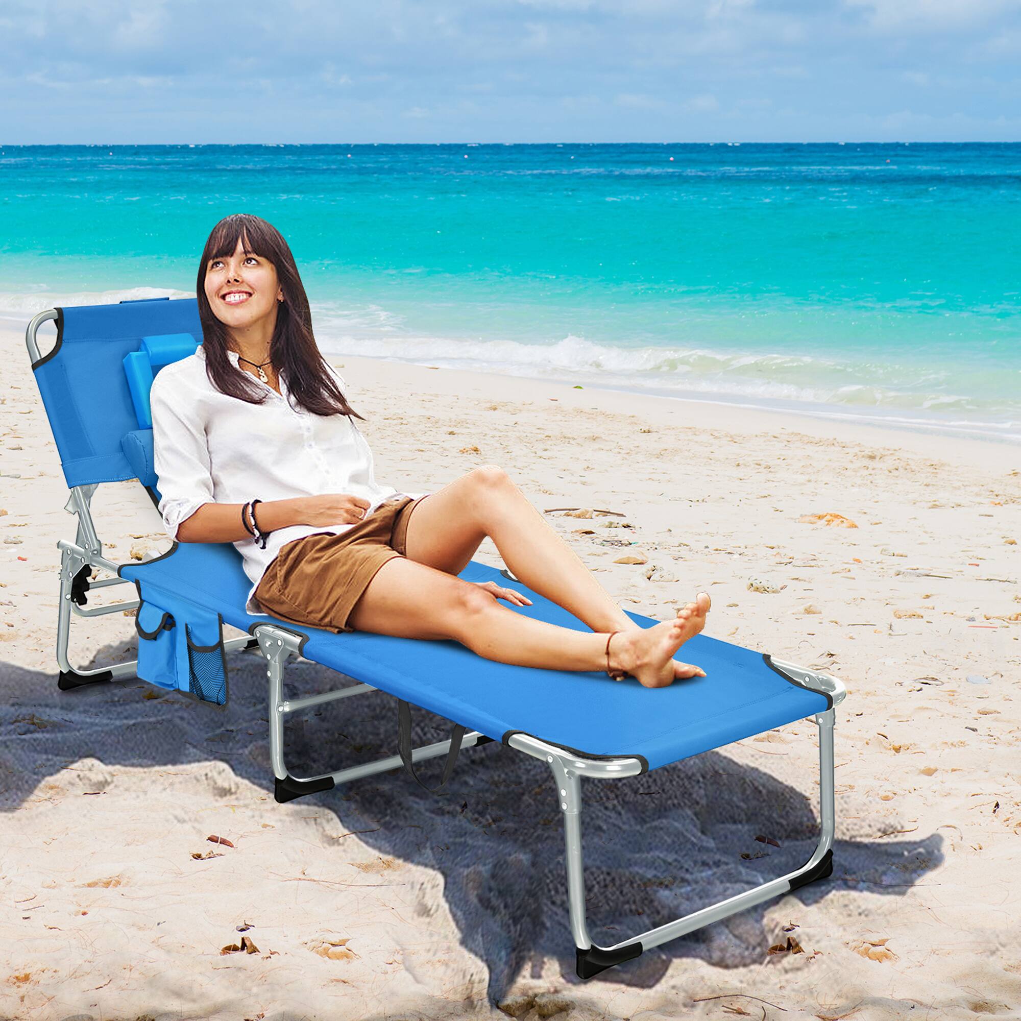 Alt View 3. Costway - Costway Set of 2 Beach Chaise Lounge Chair Folding Reclining Chair with Facing Hole - Blue.