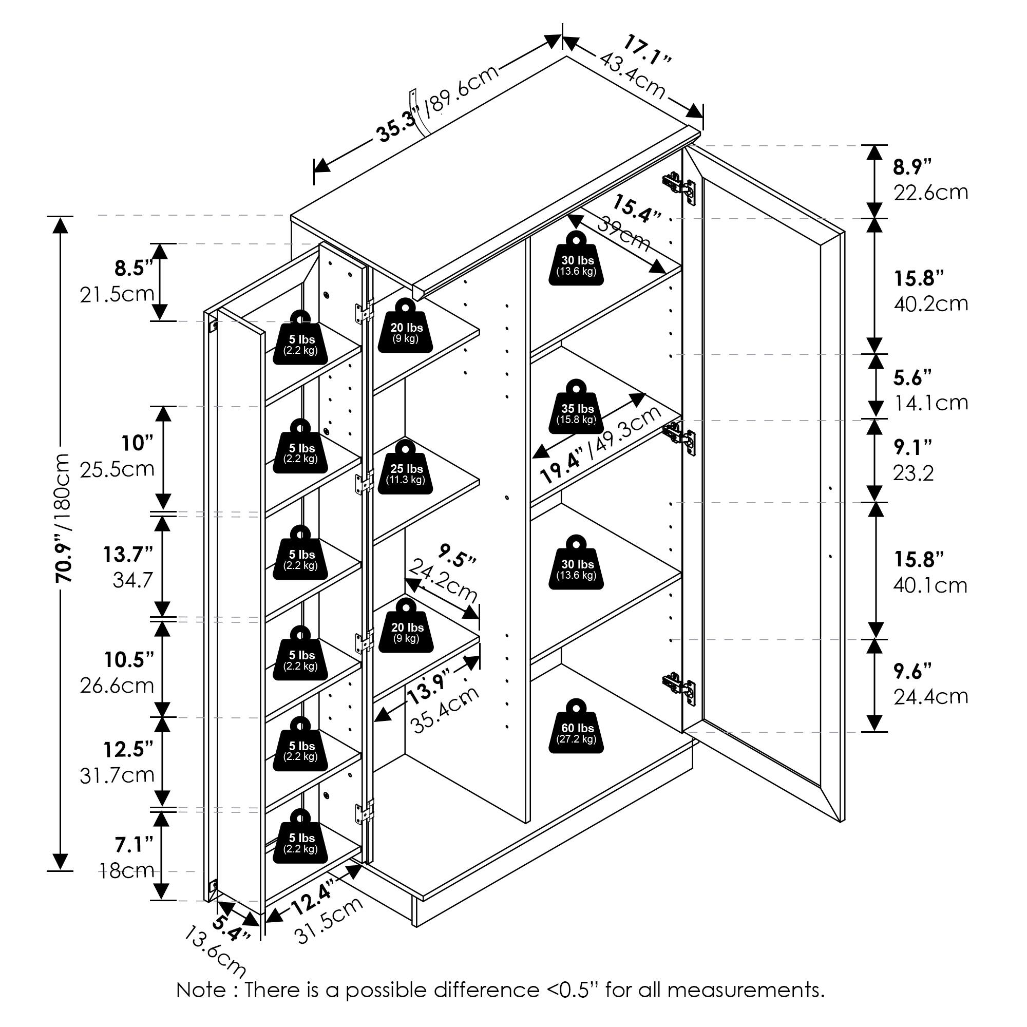 Sure, here is the corrected and grouped text from the image:

**Dimensions:**
- Height: 80cm (31.5")
- Width: 43.4cm (17.1")
- Depth: 89.6cm (35.3")
- Shelf Spacing:
  - 10" (25.5cm)
  - 10.5" (26.6cm)
  - 12.5" (31.7cm)
  - 13.7" (34.7cm)
  - 15.4" (39cm)
  - 19.4" (49.3cm)
  - 21.5cm (8.5")
  - 7.1" (18cm)
  - 5.6" (14.1cm)
  - 9.1" (23.2cm)
  - 9.5" (24.2cm)
  - 9.6" (24.4cm)
  - 15.8" (40.1cm)
  - 15.8" (