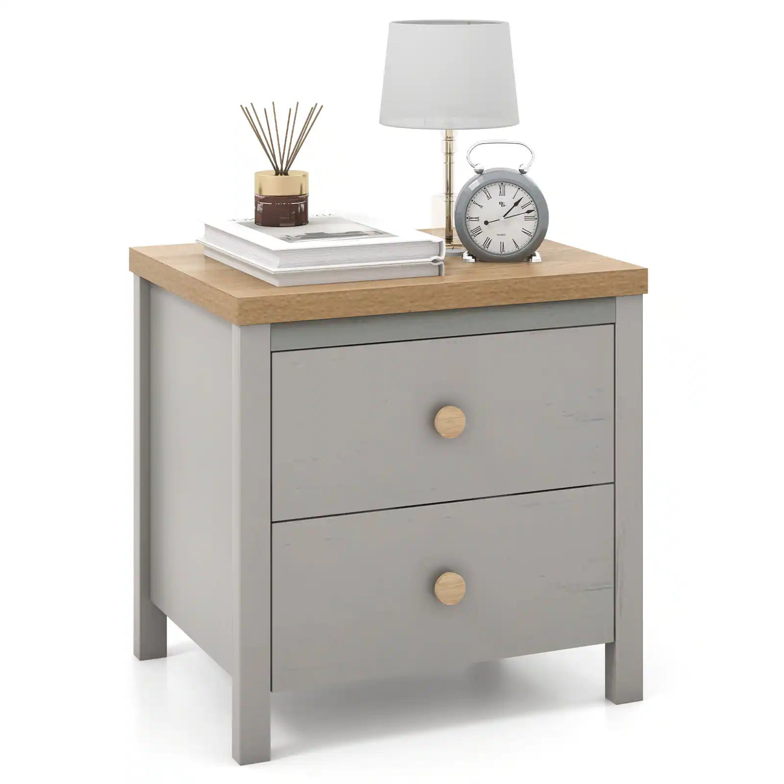 Front. Ecooso - 2 Drawer Nightstand with Solid Wood Legs Modern Bedside End Side Table for Bedroom - Gray.