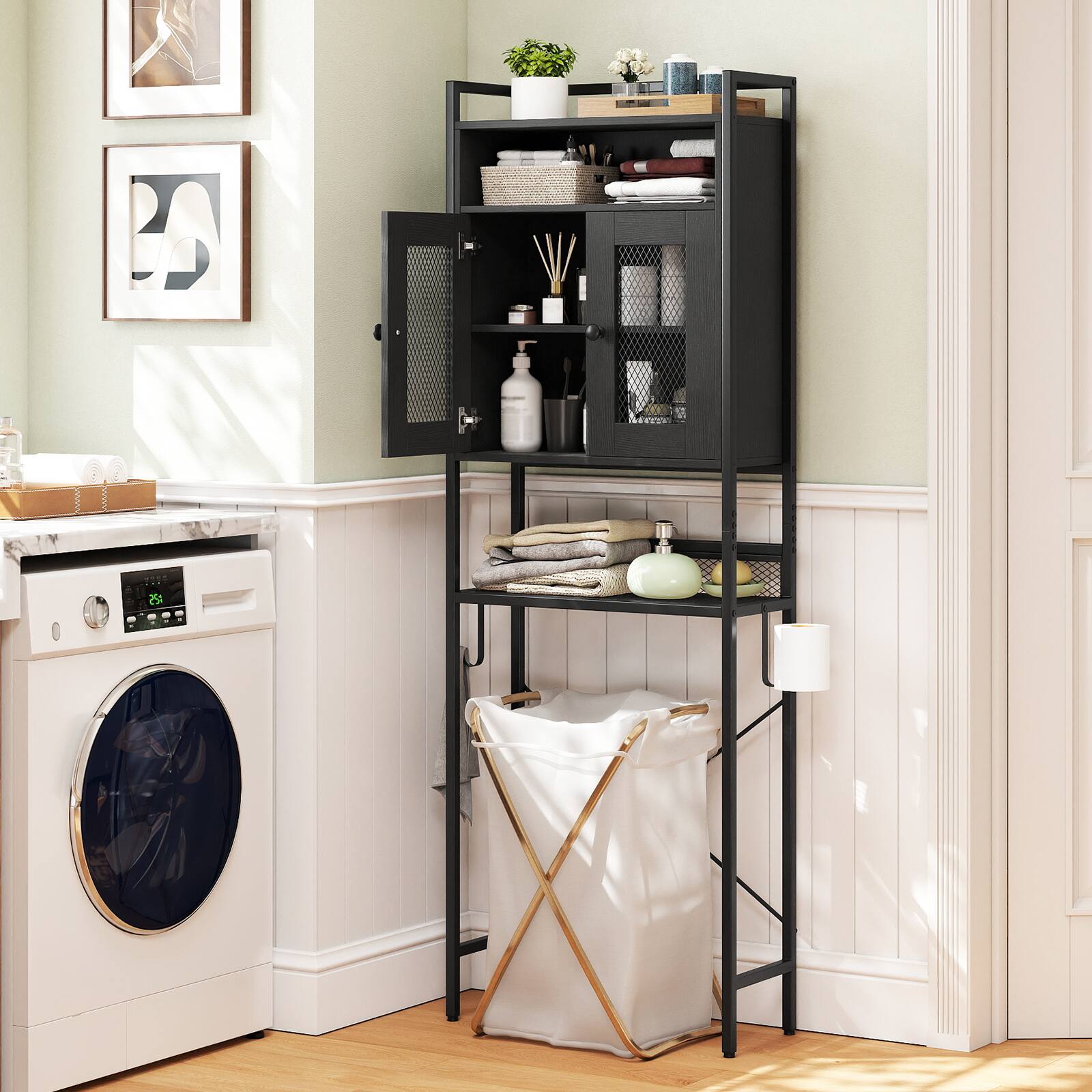 Alt View 3. Gymax - Gymax Over The Toilet Cabinet Bathroom Toilet Storage Organizer w/ Double Door Cabinet - Black.