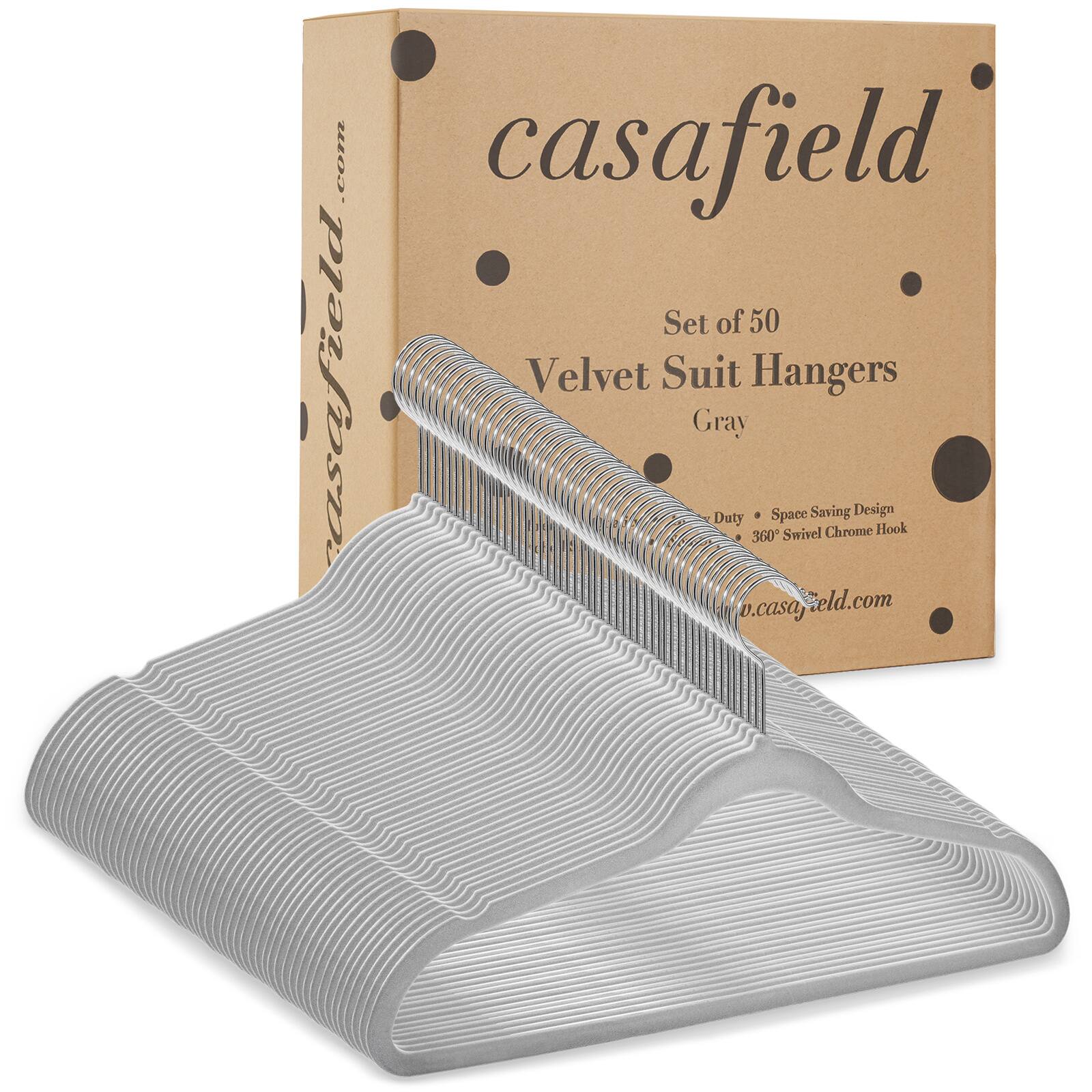 casafield.com  
Set of 50  
Velvet Suit Hangers  
Gray  
Space Saving Design  
Duty  
360° Swivel Chrome Hook  
casafield.com