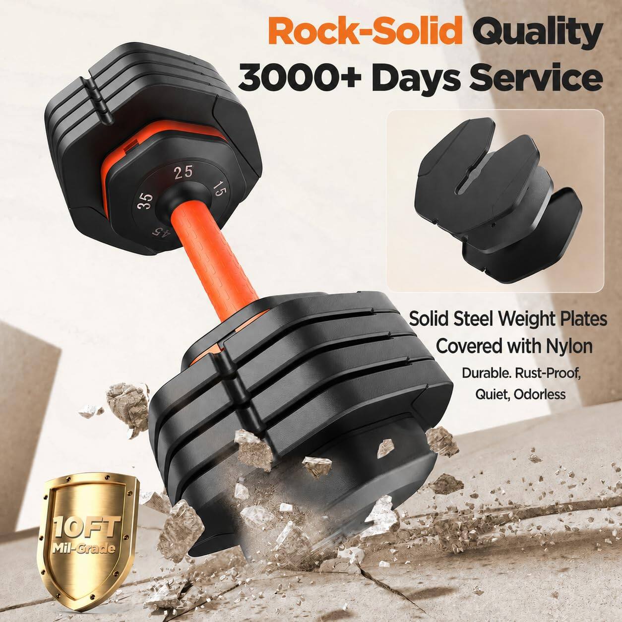 Rock-Solid Quality  
3000+ Days Service  

25 35 45 15  

Solid Steel Weight Plates Covered with Nylon  
Durable, Rust-Proof, Quiet, Odorless  

10FT Mil-Grade