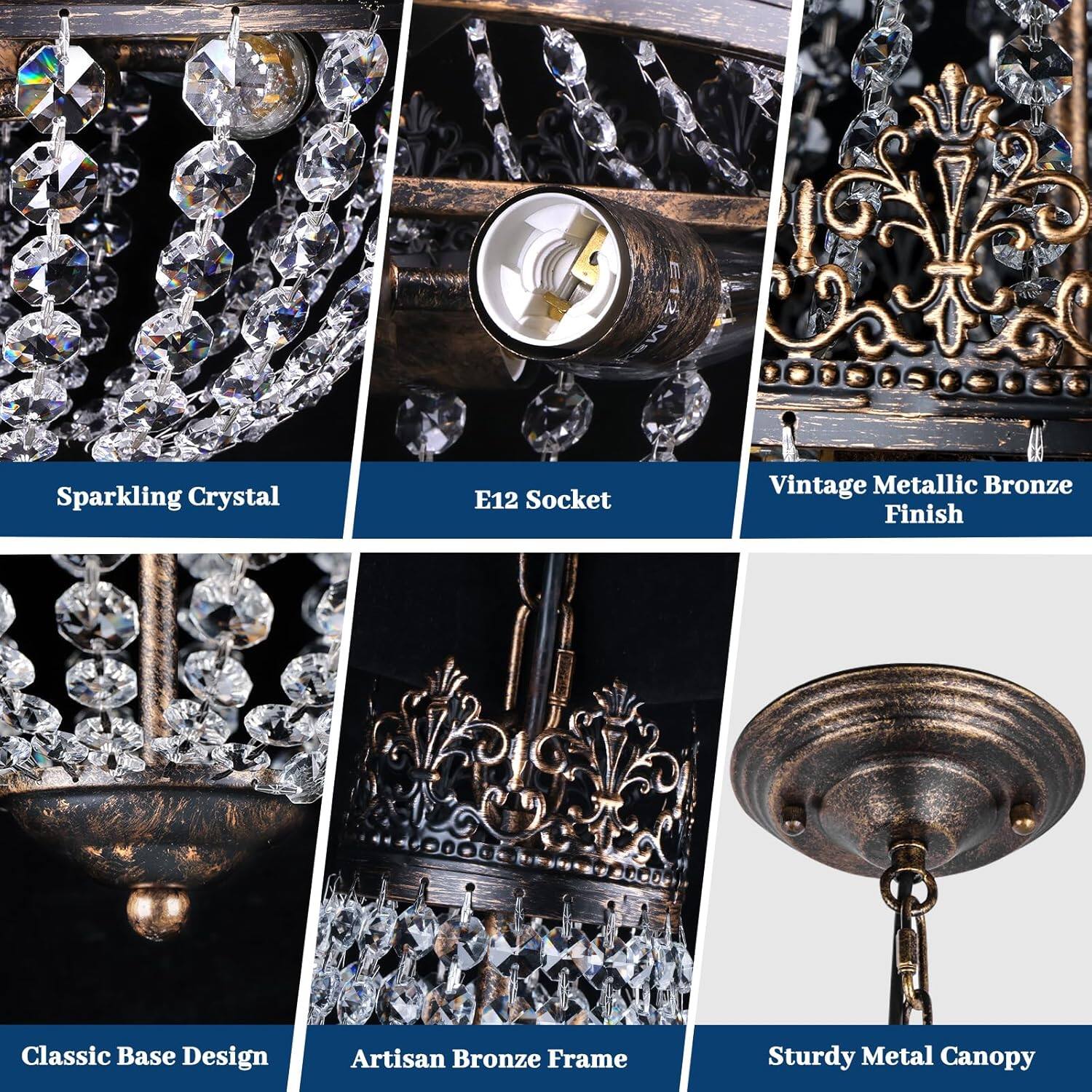 - Sparkling Crystal
- E12 Socket
- Vintage Metallic Bronze Finish
- Classic Base Design
- Artisan Bronze Frame
- Sturdy Metal Canopy