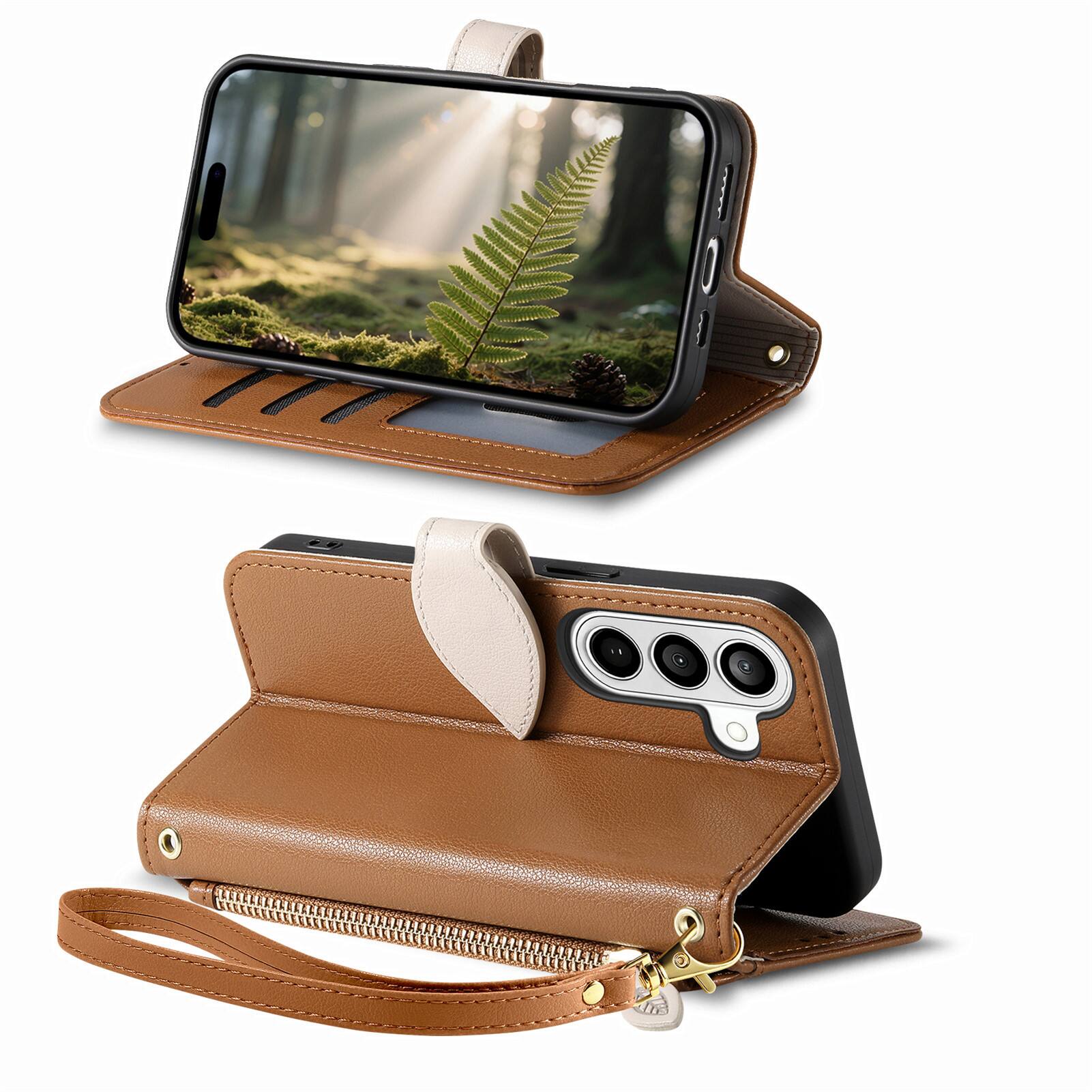 Back. Dteck - for Samsung Galaxy S26+ Wallet Case,PU Leather Flip Zipper Card Slot Leaf-Buckle Shockproof Cover with Wrist Strap - Brown.