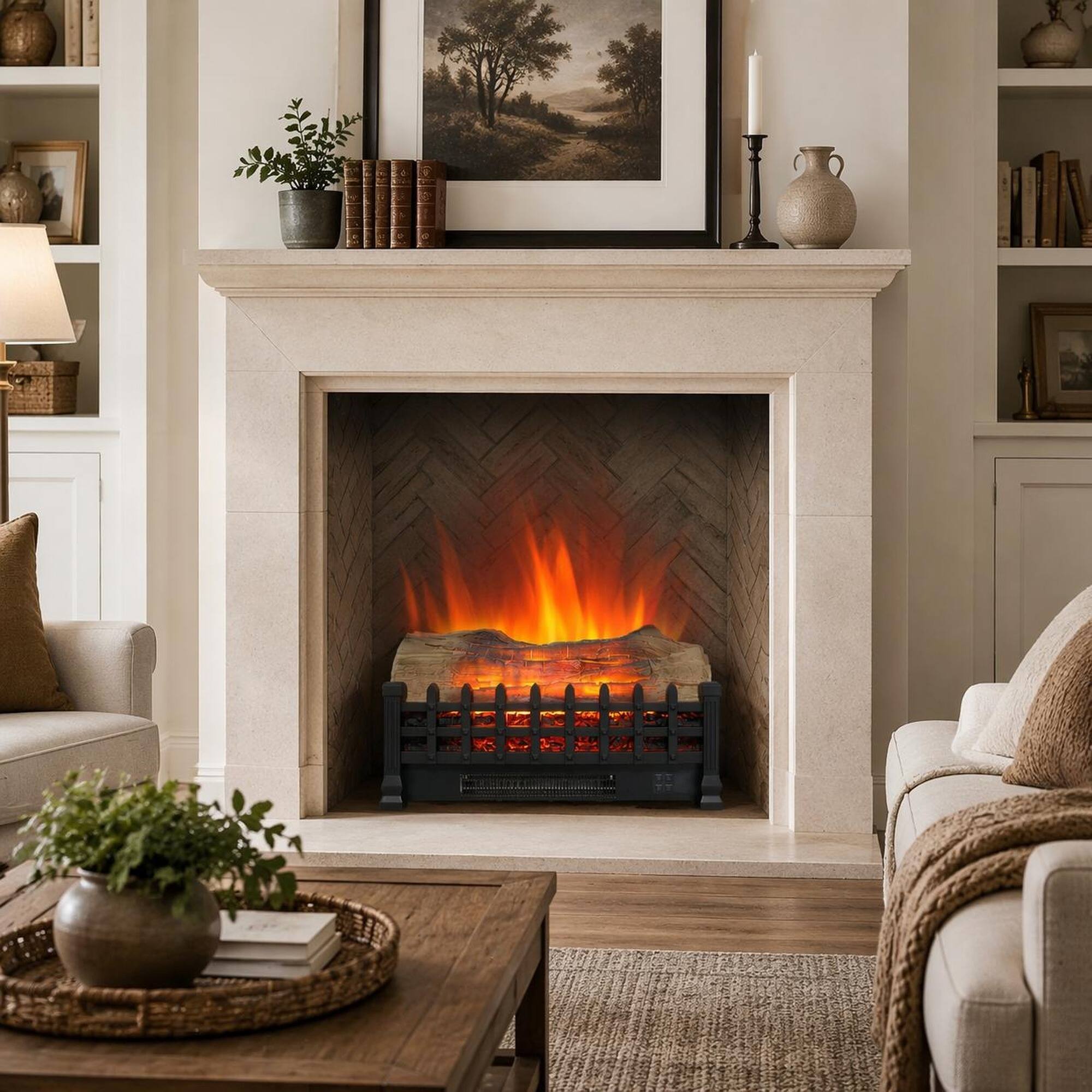 Angle. RYHNUYNE - 20 Inch Electric Fireplace 3D Log Set Insert – Freestanding Heater with Remote Control for Indoor Use - Antique Black.