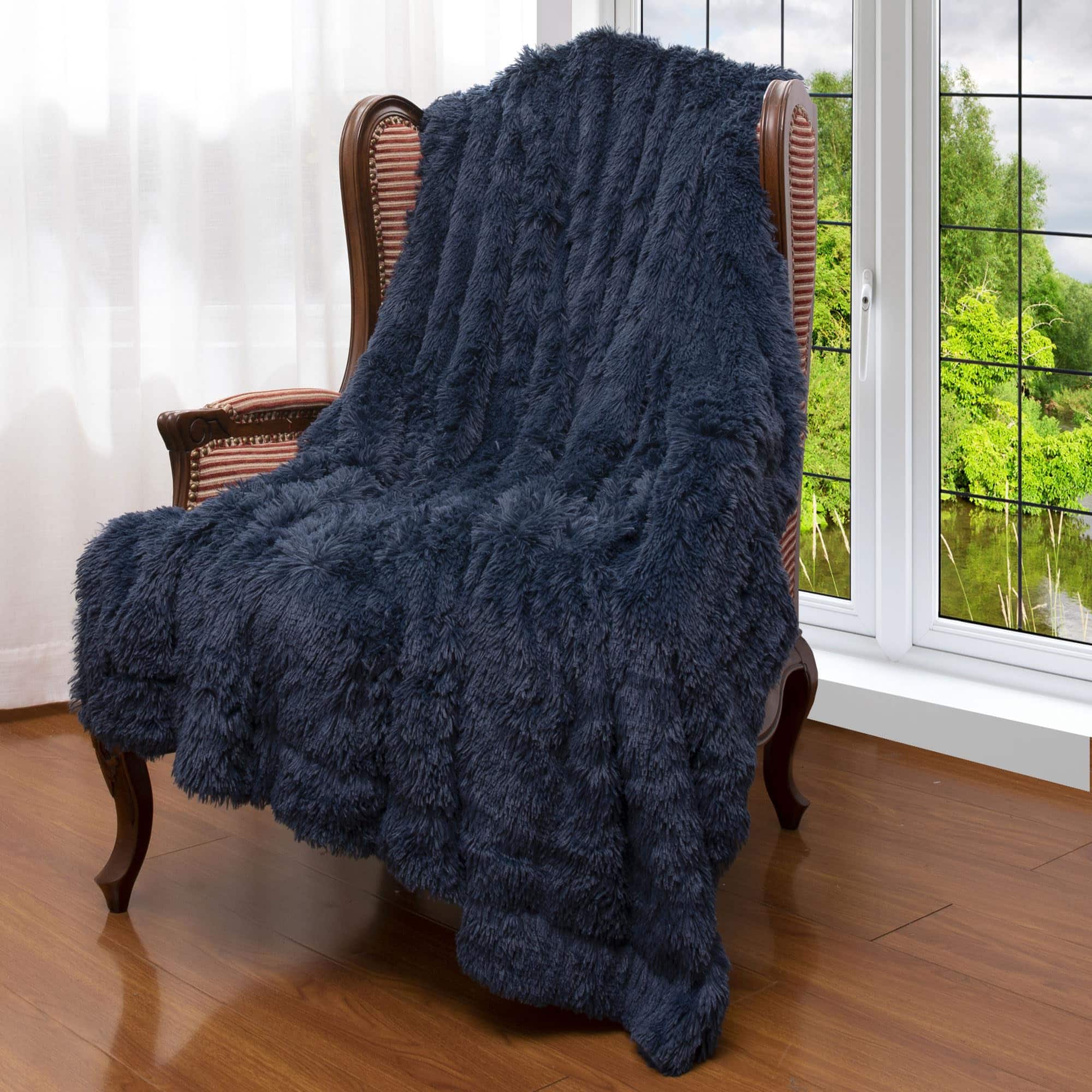 Cheer Collection - Reversible Faux Fur Long Shaggy Hair Accent Throw Blanket 60"x70" - Navy