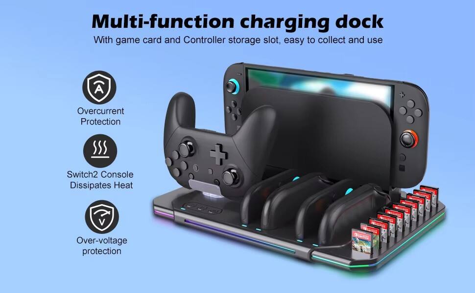 Multi-function charging dock  
With game card and Controller storage slot, easy to collect and use  

- Overcurrent Protection  
- Switch2 Console Dissipates Heat  
- Over-voltage protection