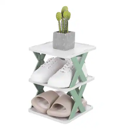 Front. Unique Bargains - 3-Tier Plastic Shoe Rack, Vertical Stackable Folding Narrow Shelf for Closet Entryway Garage - Green/White.