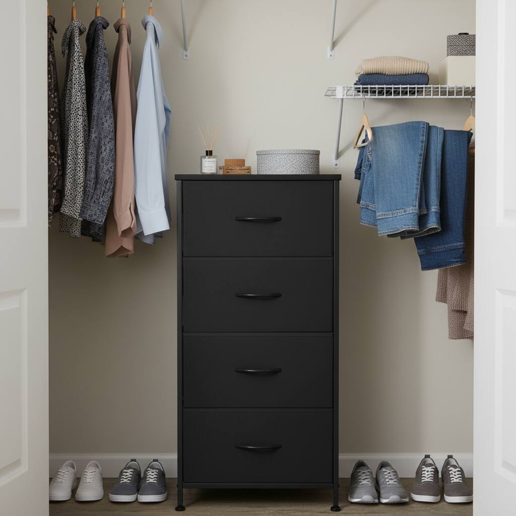 Alt View 6. AOITUN - Fabric Dresser for Daily Bedroom Use, 4-Drawer Tall Storage Tower for Clothes Organization, Compact Black Drawer Unit - Black.