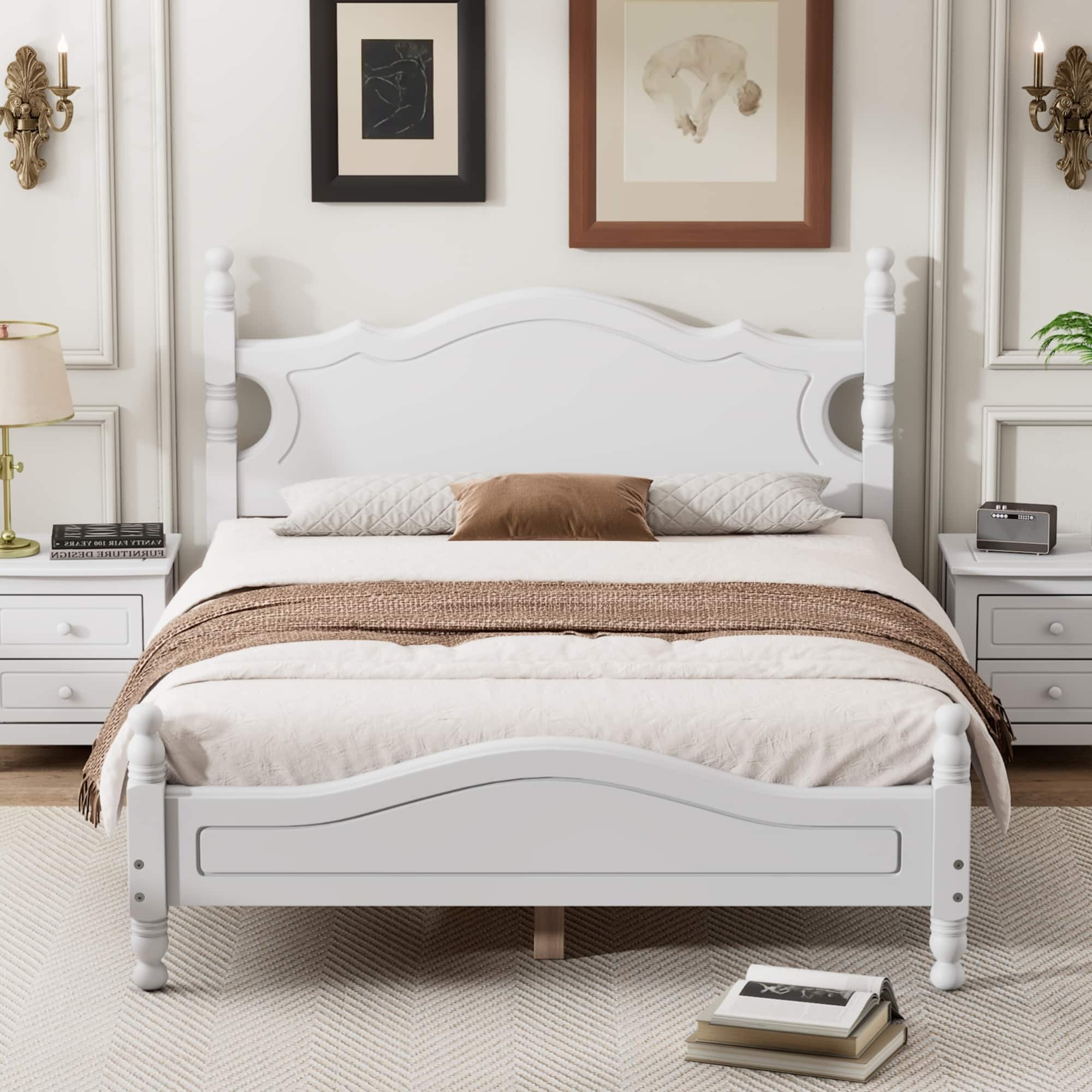 GOODSILO - Full Size Retro Wood Platform Bed Frame with Wooden Slat Support and Elegant Headboard - White