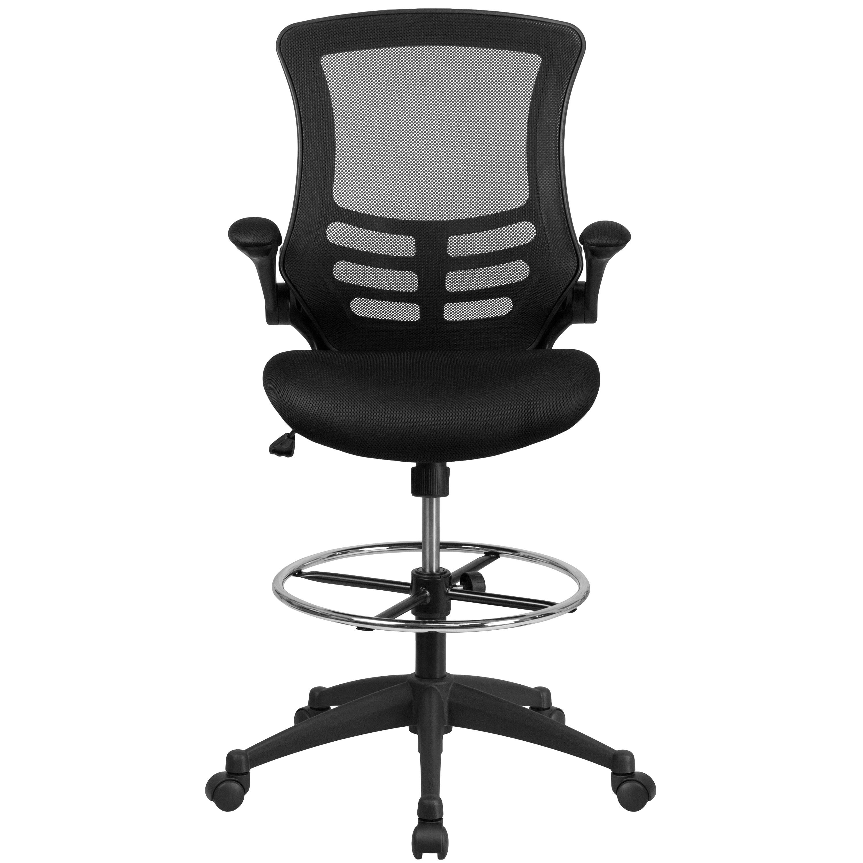 Alt View 7. Emma + Oliver - Mid-Back Mesh Ergonomic Drafting Chair with Adjustable Foot Ring and Flip-Up Arms - Black Mesh/Black Frame.