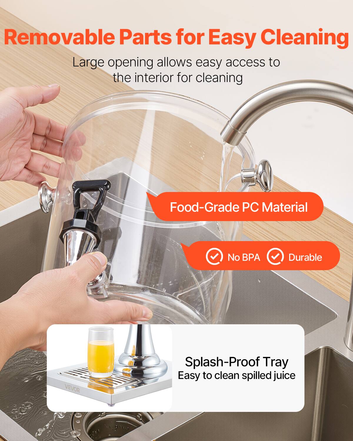 Removable Parts for Easy Cleaning  
Large opening allows easy access to the interior for cleaning  

Food-Grade PC Material  
No BPA  
Durable  

Splash-Proof Tray  
Easy to clean spilled juice