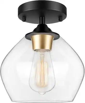 Front. Nordic Hygge - Modern Semi Flush Mount Ceiling Light with Clear Glass Shade, Industrial Close to Ceiling Light - Black.