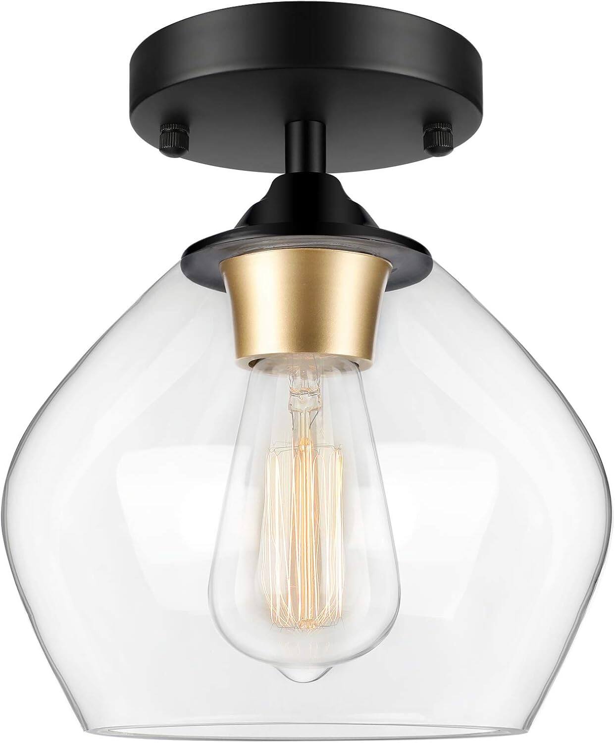 Front. Nordic Hygge - Modern Semi Flush Mount Ceiling Light with Clear Glass Shade, Industrial Close to Ceiling Light - Black.