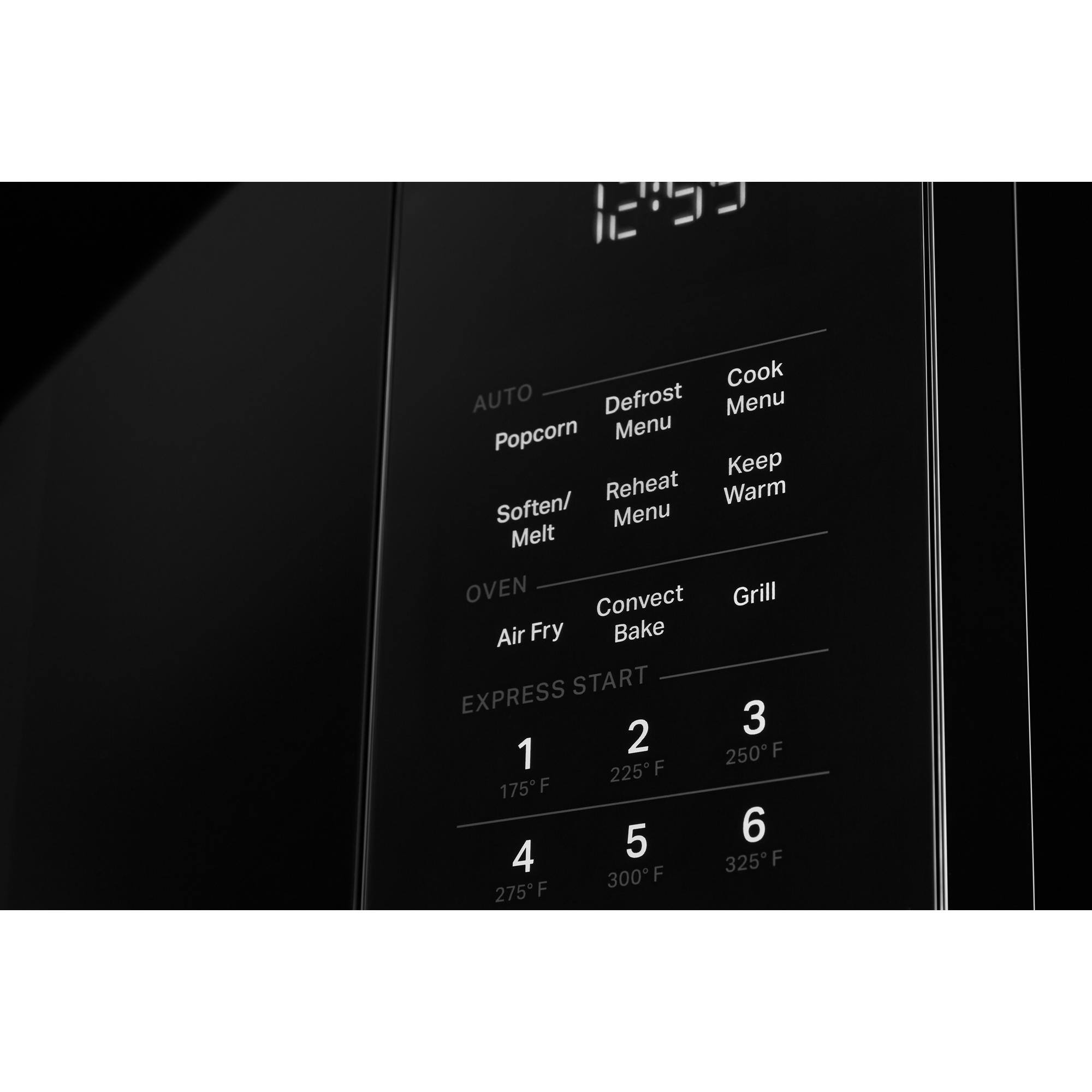 The text on the image is grouped and corrected as follows:

1. Cook: Auto Defrost Menu
2. Popcorn: Menu
3. Keep Reheat: Warm
4. Soften/Melt: Menu
5. Oven: Convect Grill Air Fry Bake
6. Express Start: 2 3 1 250 F 225 F 175F
7. 5 6 4 F 325F
8. F 300 275F