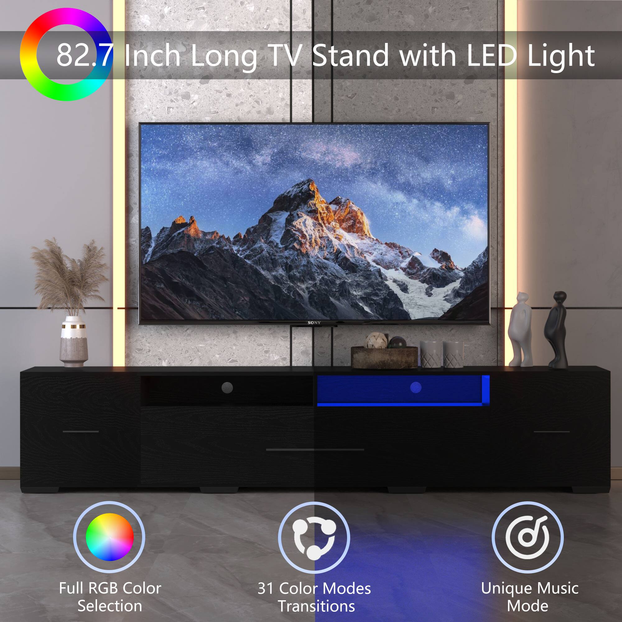 82.7 Inch Long TV Stand with LED Light

- Full RGB Color Selection
- 31 Color Modes Transitions
- Unique Music Mode