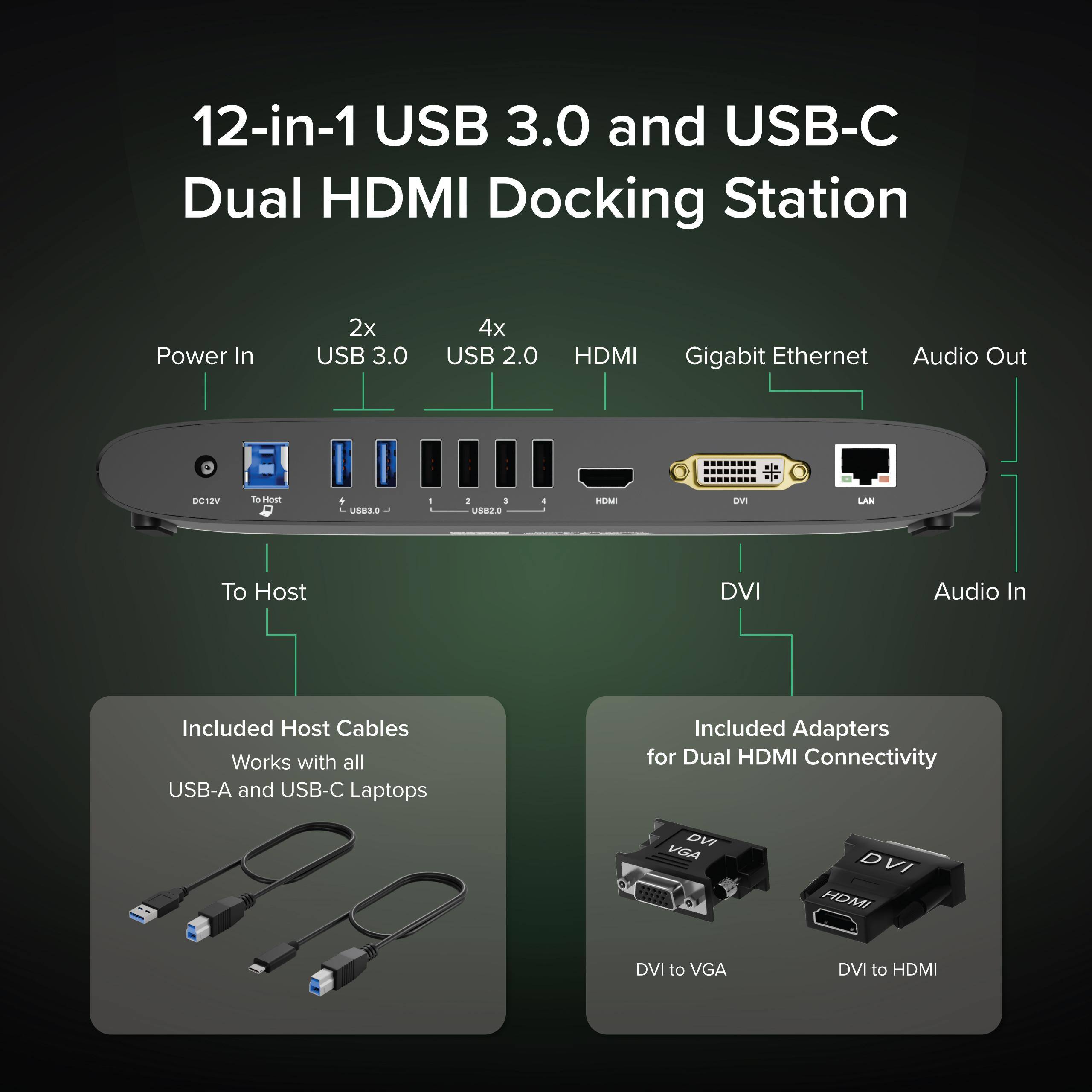 12-in-1 USB 3.0 and USB-C Dual HDMI Docking Station

Power In
2x USB 3.0
4x USB 2.0
HDMI
Gigabit Ethernet
Audio Out

Included Host Cables
Works with all USB-A and USB-C Laptops

Included Adapters for Dual HDMI Connectivity
DVI to VGA
DVI to HDMI
