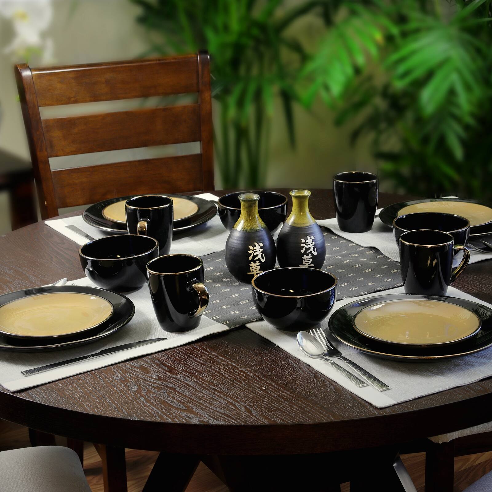 Alt View 3. Elama - Elama Cambridge Grand 16-Piece Dinnerware Set in Luxurious Black and Warm Taupe with Complete Setting for 4 - Black and Taupe.
