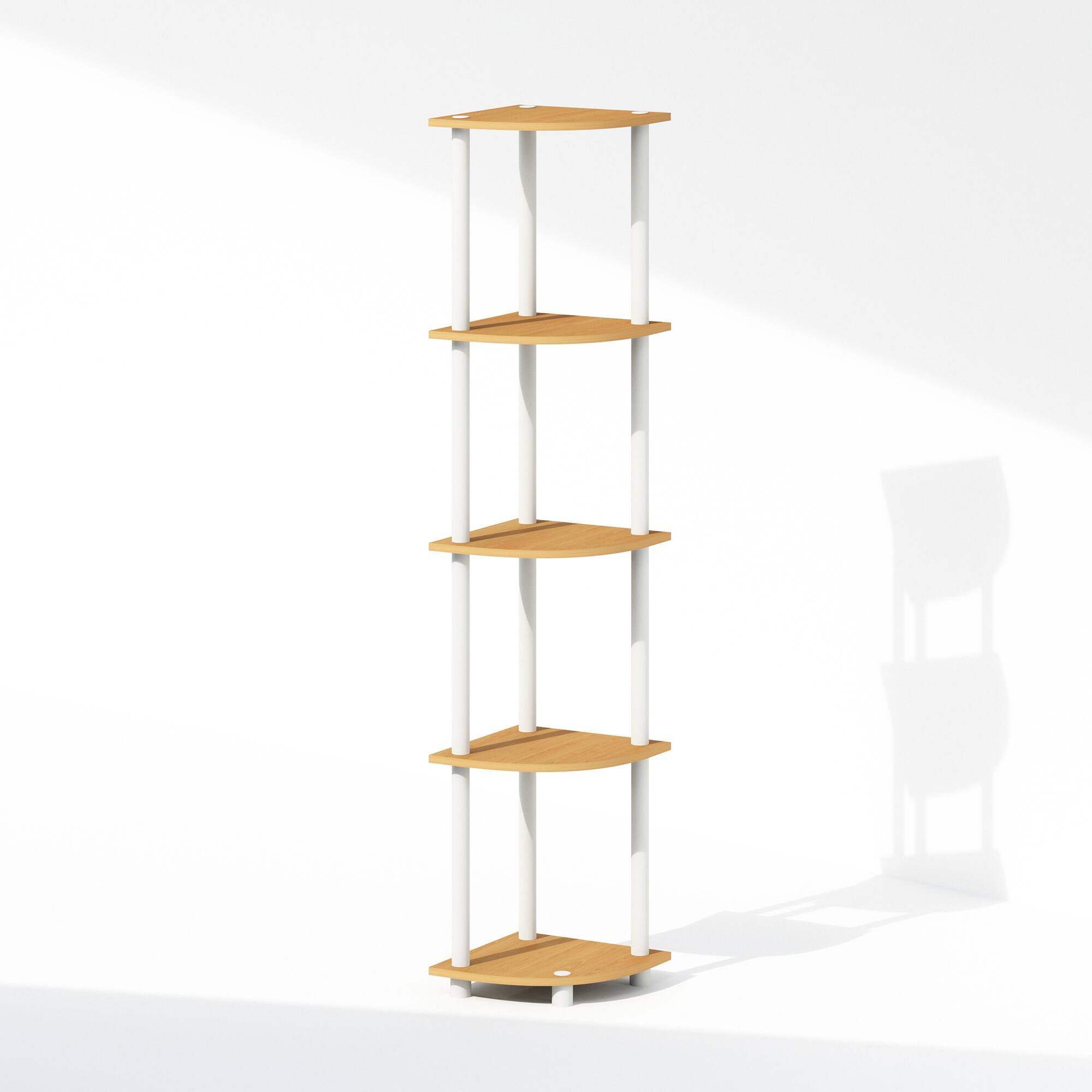 Furinno - TURN-N-TUBE Corner Shelf, 5-Tier Corner Display Rack, Shelving Unit, for Organization and Storage - Light Beech/Plain White
