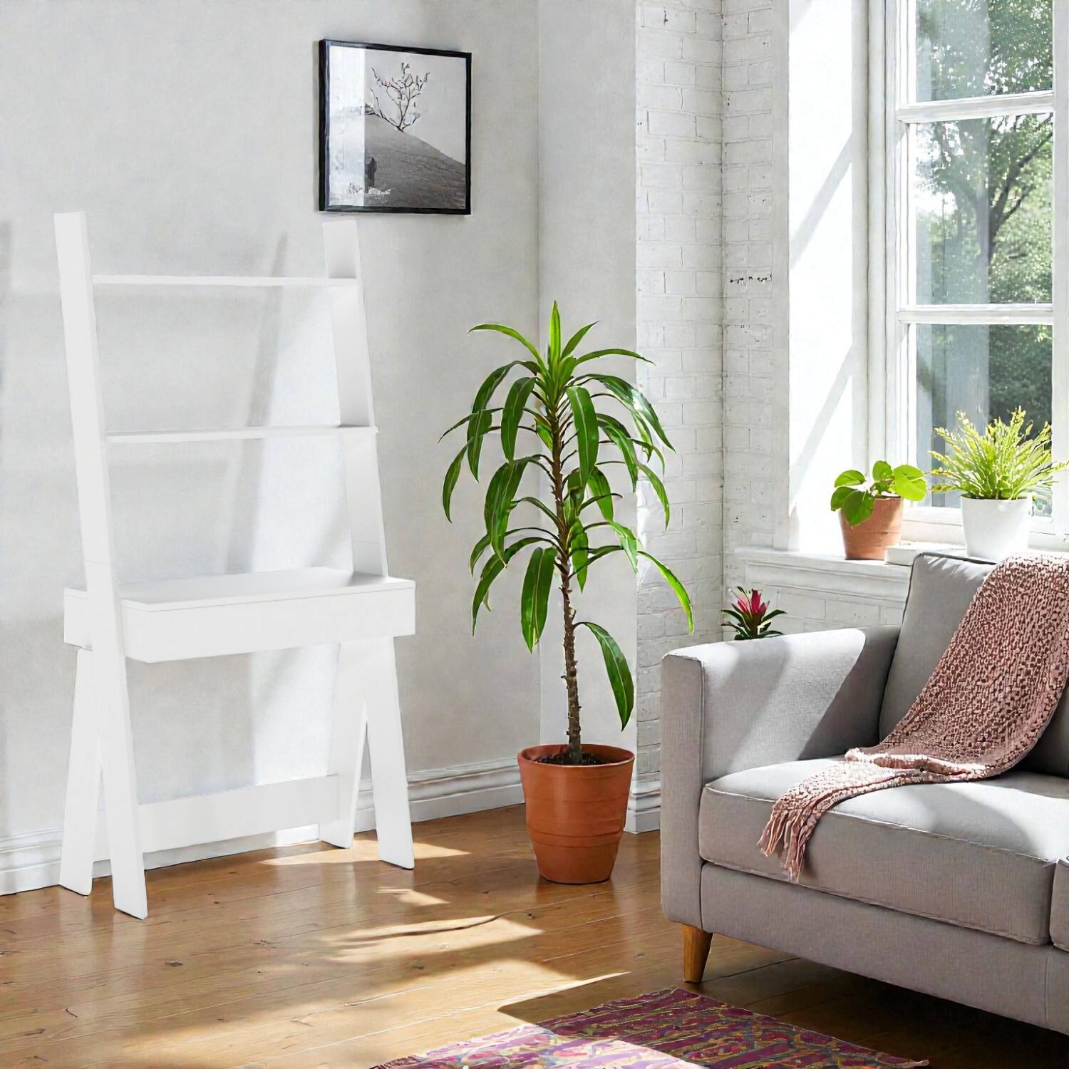 Front. Hivvago - Wall-Leaning Ladder Desk with Storage Drawer and Safety Anchor - Oak.