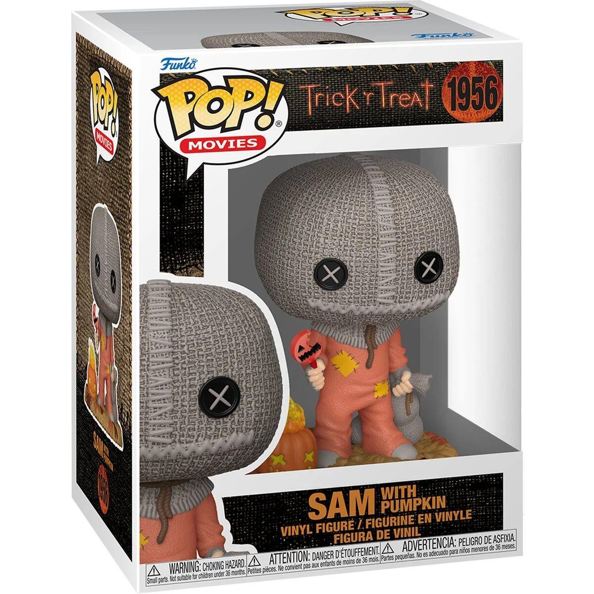 Sure, here is the corrected and grouped text from the image:

---

**Funko POP! Movies**

**Trick 'r Treat 1956**

**Sam with Pumpkin**

**Vinyl Figure / Figurine en Vinyle / Figura de Vinil**

**WARNING: CHOKING HAZARD. Small parts. Not suitable for children under 36 months.**

**ATTENTION: DANGER D'ÉTOUFFEMENT. Petites pièces. Ne convient pas aux enfants de moins de 36 mois.**

**ADVERTENCIA: PELIGRO DE ASFIXIA. Piezas pequeñas. No adecuado para niños menores de 36 meses.**

---

This text is grouped and corrected for clarity.