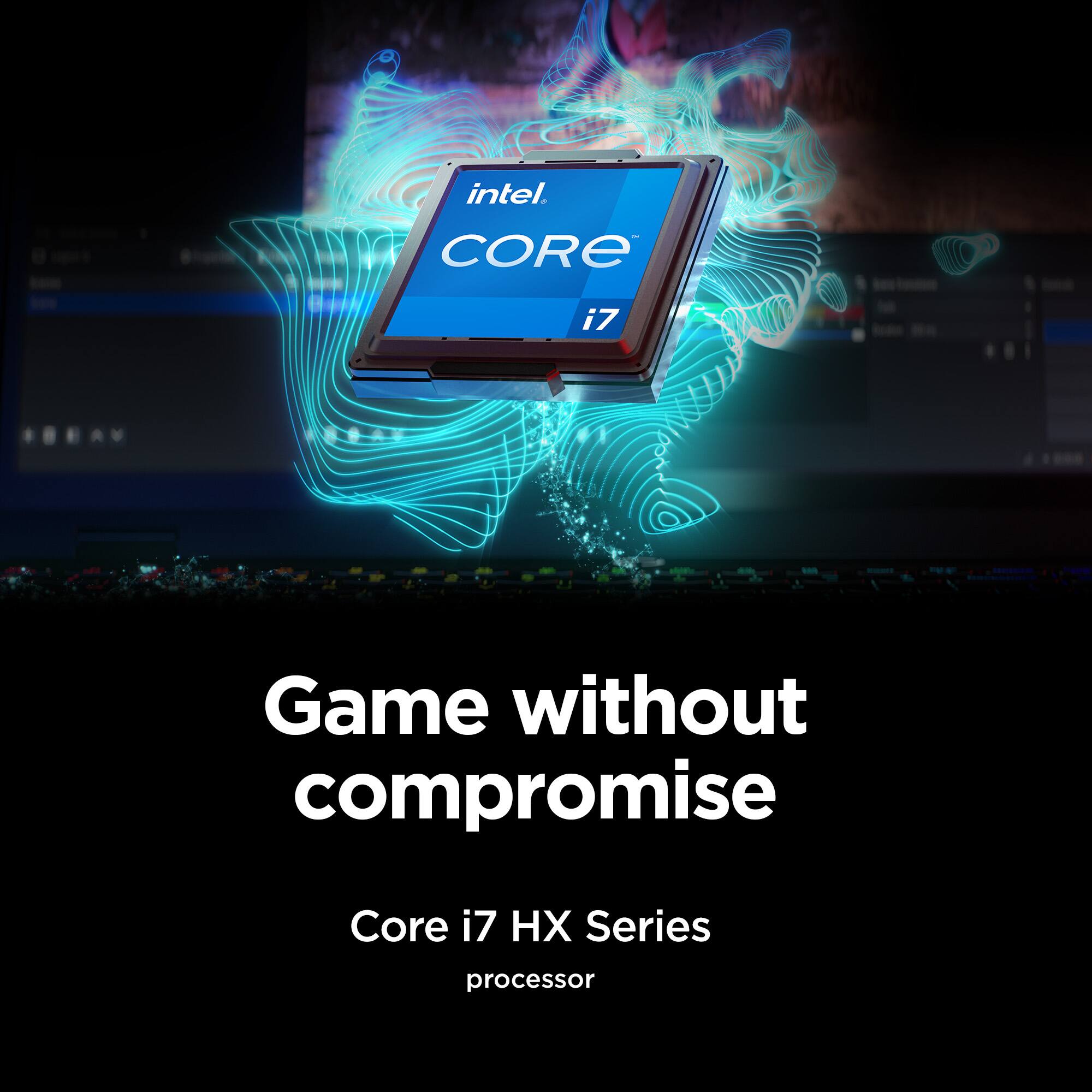 The image features a close-up of an Intel Core i7 processor, which is part of the Core i7 HX series. The processor is surrounded by a blue and white background, with a green and blue light effect. The image is promoting the idea that the Core i7 processor allows for gaming without compromise, providing a powerful and efficient gaming experience.