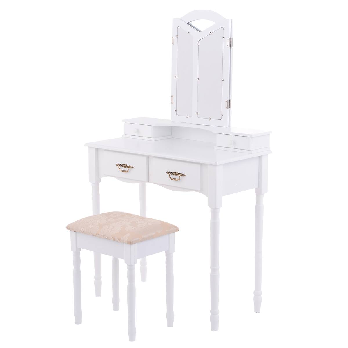 Alt View 7. Gymax - Gymax Vanity Makeup Dressing Table Stool Set w/ Folding Mirror 4 Drawers White - White.