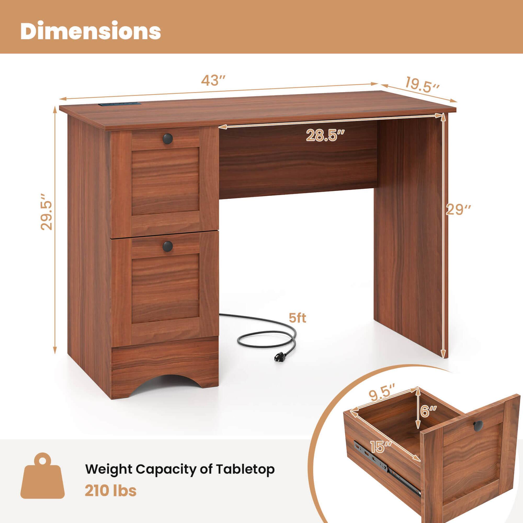 Dimensions: 43" x 19.5" x 28.5"
Weight Capacity of Tabletop: 210 lbs
Weight Capacity of Drawer: 1500 lbs