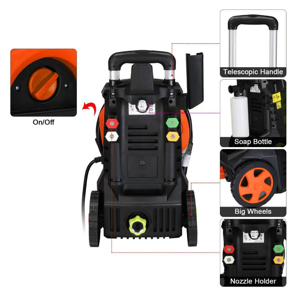 - Telescopic Handle
- On/Off
- Soap Bottle
- Big Wheels
- Nozzle Holder