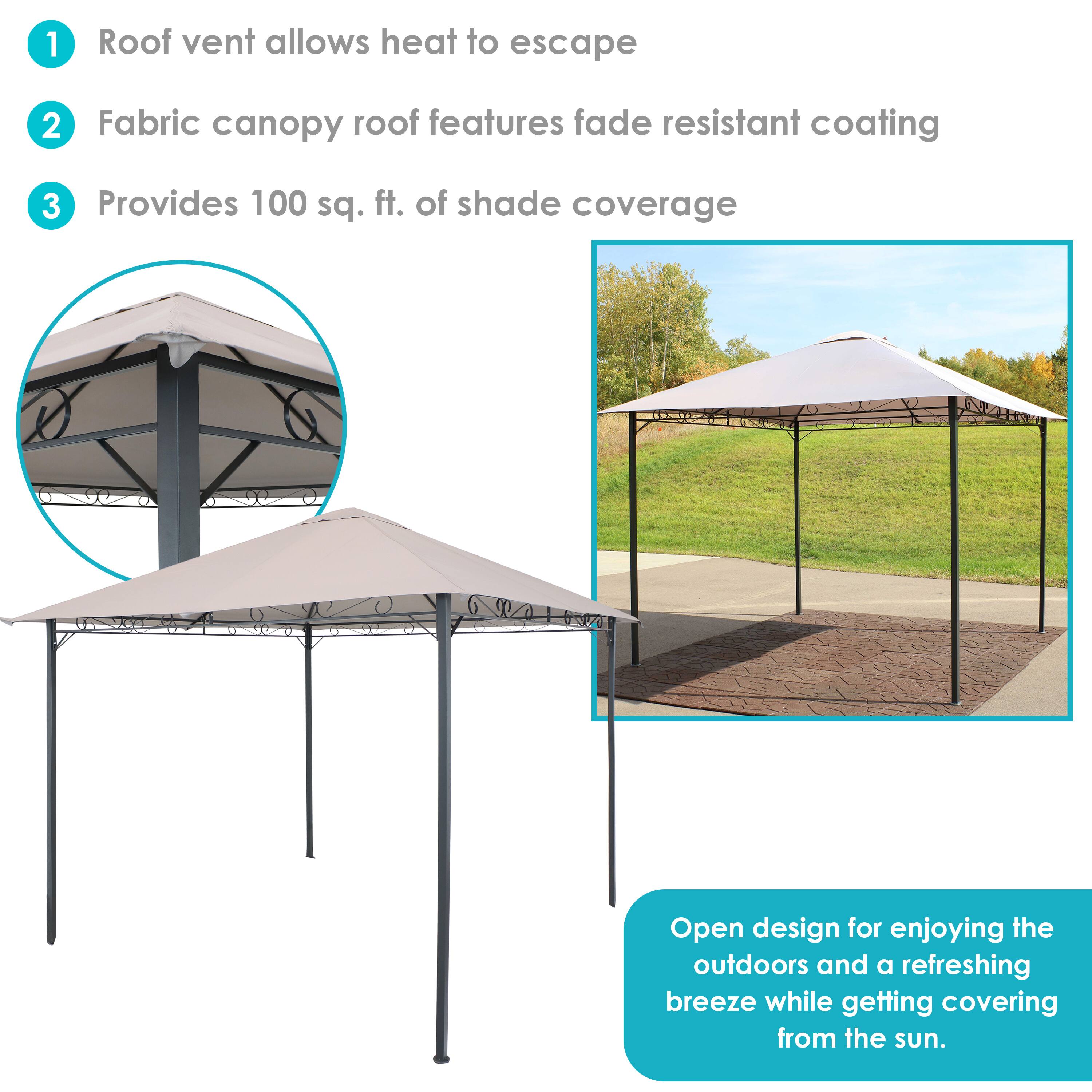 1. Roof vent allows heat to escape
2. Fabric canopy roof features fade-resistant coating
3. Provides 100 sq. ft. of shade coverage

Open design for enjoying the outdoors and a refreshing breeze while getting covering from the sun.