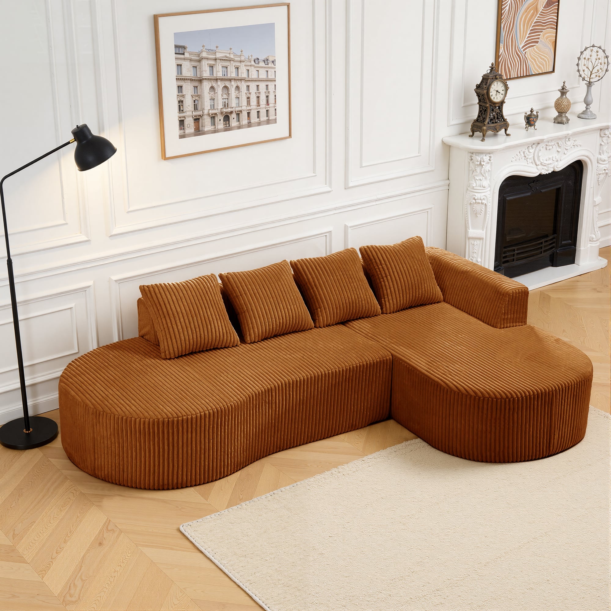 Meqiodas - Curved Sectional Sofa with Chaise, Modern Luxury Corduroy Cloud Modular Couch with Deep Seat, No Assembly Required - Orange