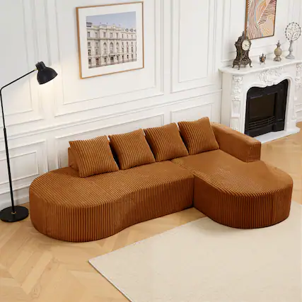 Front. Meqiodas - Curved Sectional Sofa with Chaise, Modern Luxury Corduroy Cloud Modular Couch with Deep Seat, No Assembly Required - Orange.