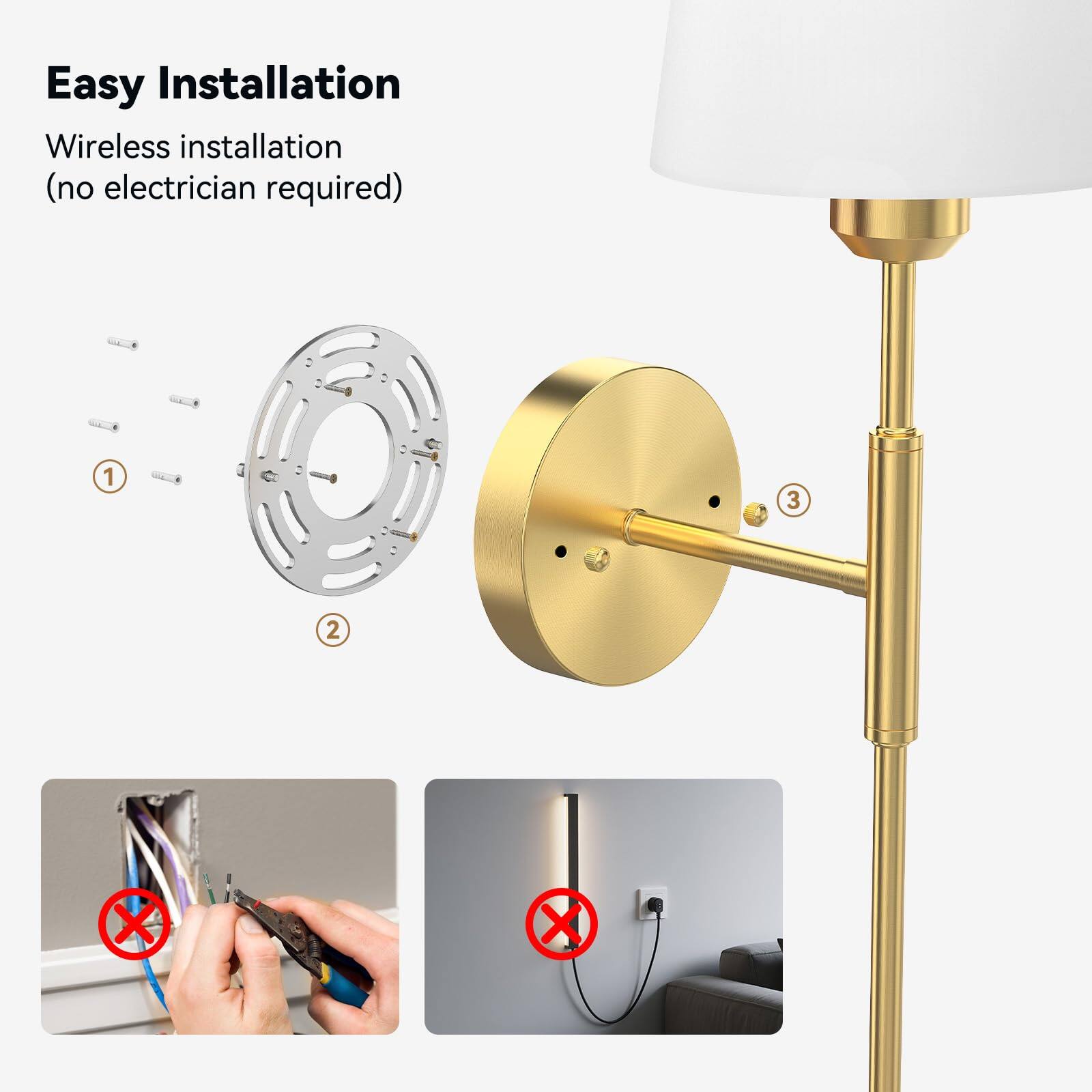 Easy Installation

Wireless installation (no electrician required)

1. Screws
2. Mounting plate
3. Wall bracket