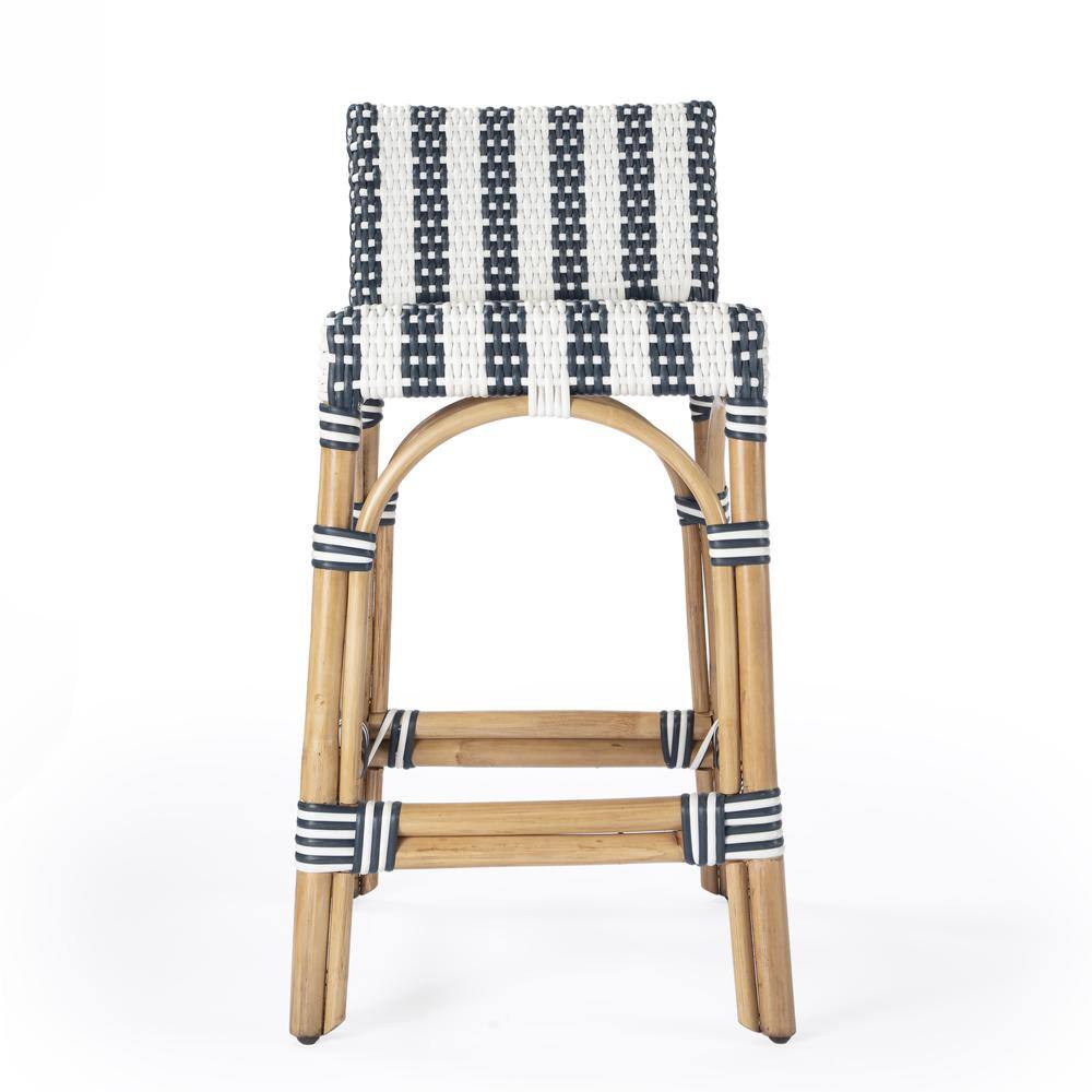 Alt View 3. Butler Specialty - Serienna Rectangular Rattan Low Back 24.5" Counter Stool - White And Navy Stripe.
