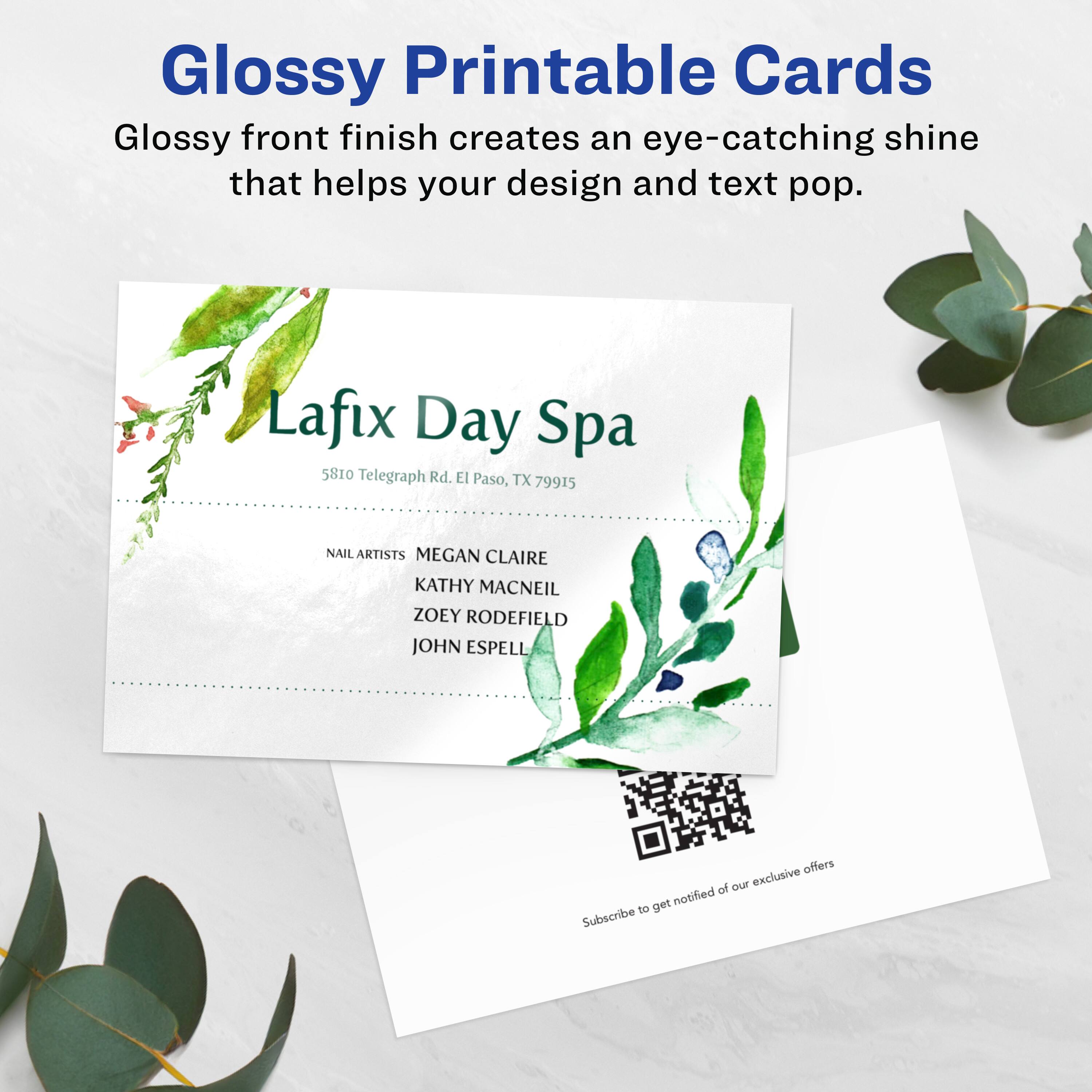 Glossy Printable Cards  
Glossy front finish creates an eye-catching shine that helps your design and text pop.  

Lafix Day Spa  
5810 Telegraph Rd. El Paso, TX 79915  

NAIL ARTISTS  
MEGAN CLAIRE  
KATHY MACNEIL  
ZOEY RODEFIELD  
JOHN ESPELL  

Subscribe to get notified of our exclusive offers