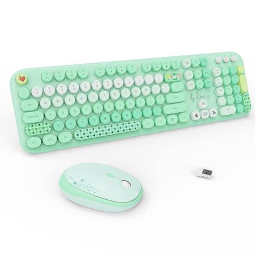 Stamp n Camp - Wireless And Mouse Cute Keyboards With Colorful 68 Keys Typewriter Retro Round Keycap For Pc Laptop Tablet Computer - LOVELY Green Colorful