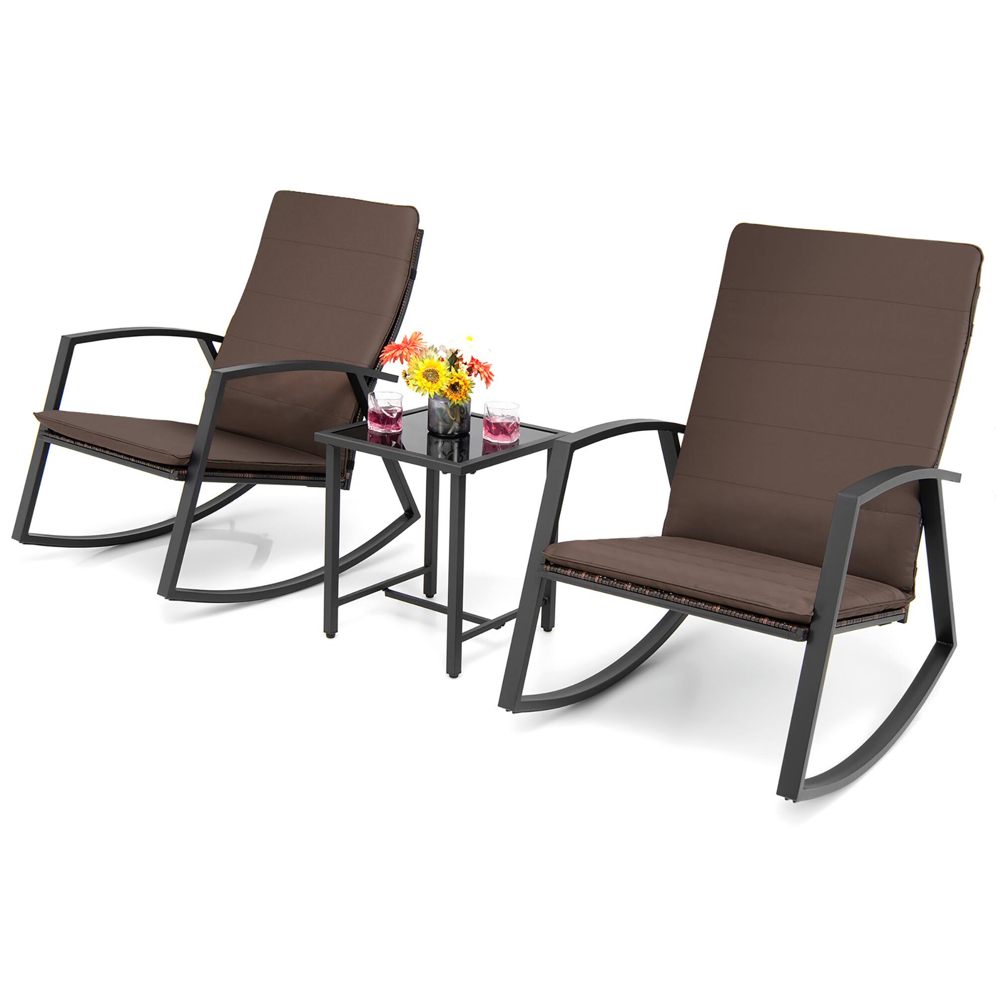 Alt View 1. Gymax - Gymax 3PCS Rattan Bistro Rocking Chair Set Patio Furniture Set w/ Brown Cushions - Brown.
