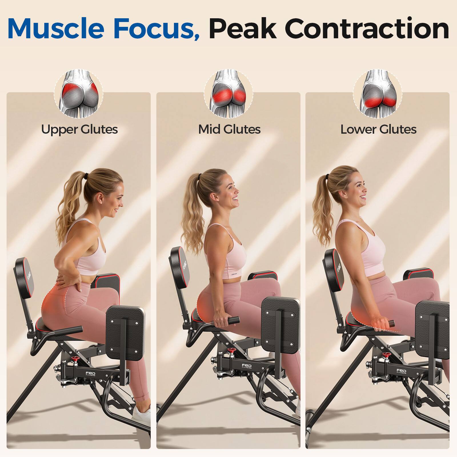 Muscle Focus, Peak Contraction

Upper Glutes  
Mid Glutes  
Lower Glutes