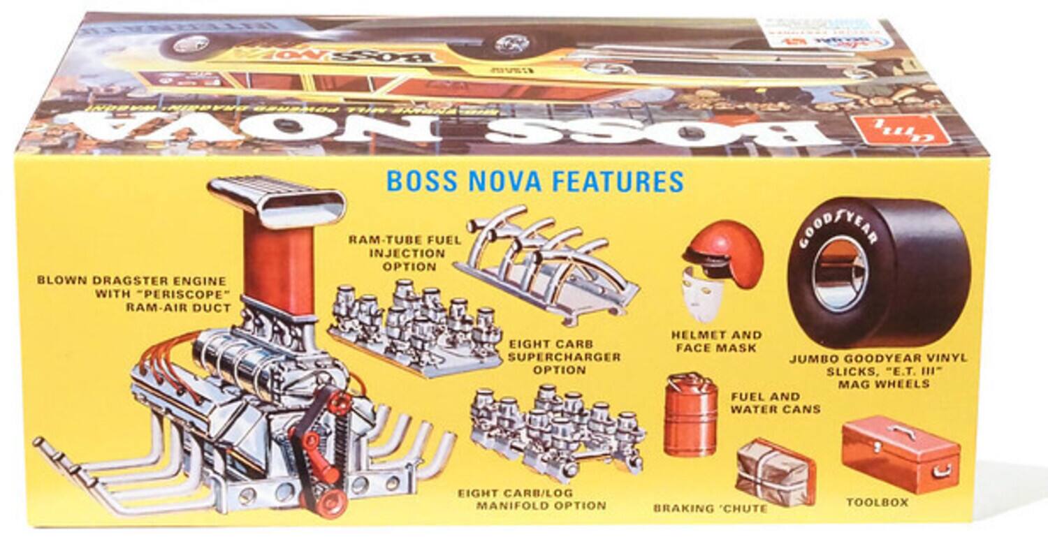 BOSS NOVA FEATURES

- BLOWN DRAGSTER ENGINE WITH "PERISCOPE" RAM-AIR DUCT
- RAM-TUBE FUEL INJECTION OPTION
- EIGHT CARB SUPERCHARGER OPTION
- EIGHT CARB/LOG MANIFOLD OPTION
- HELMET AND FACE MASK
- JUMBO GOODYEAR VINYL SLICKS, "E.T. III" MAG WHEELS
- FUEL AND WATER CANS
- BRAKING 'CHUTE
- TOOLBOX