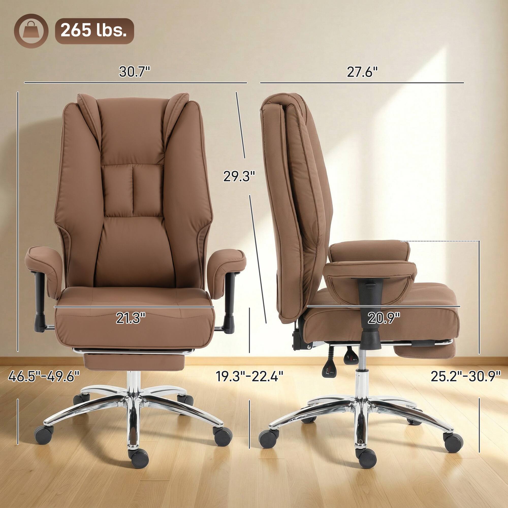 265 lbs.  
30.7"  
27.6"  
29.3"  
21.3"  
20.9"  
46.5"-49.6"  
19.3"-22.4"  
25.2"-30.9"