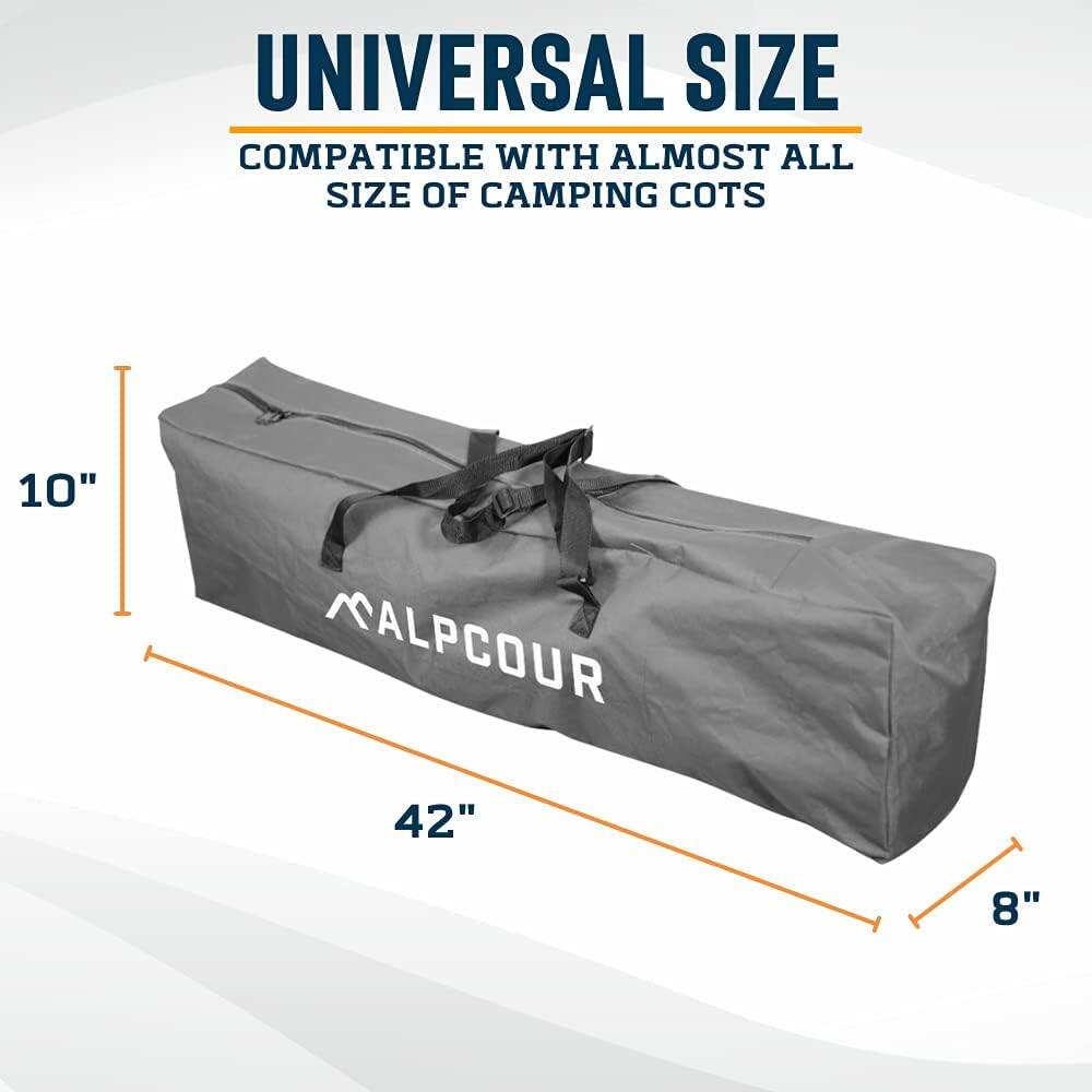 UNIVERSAL SIZE COMPATIBLE WITH ALMOST ALL SIZES OF CAMPING COTS: 10" x 42" x 8"