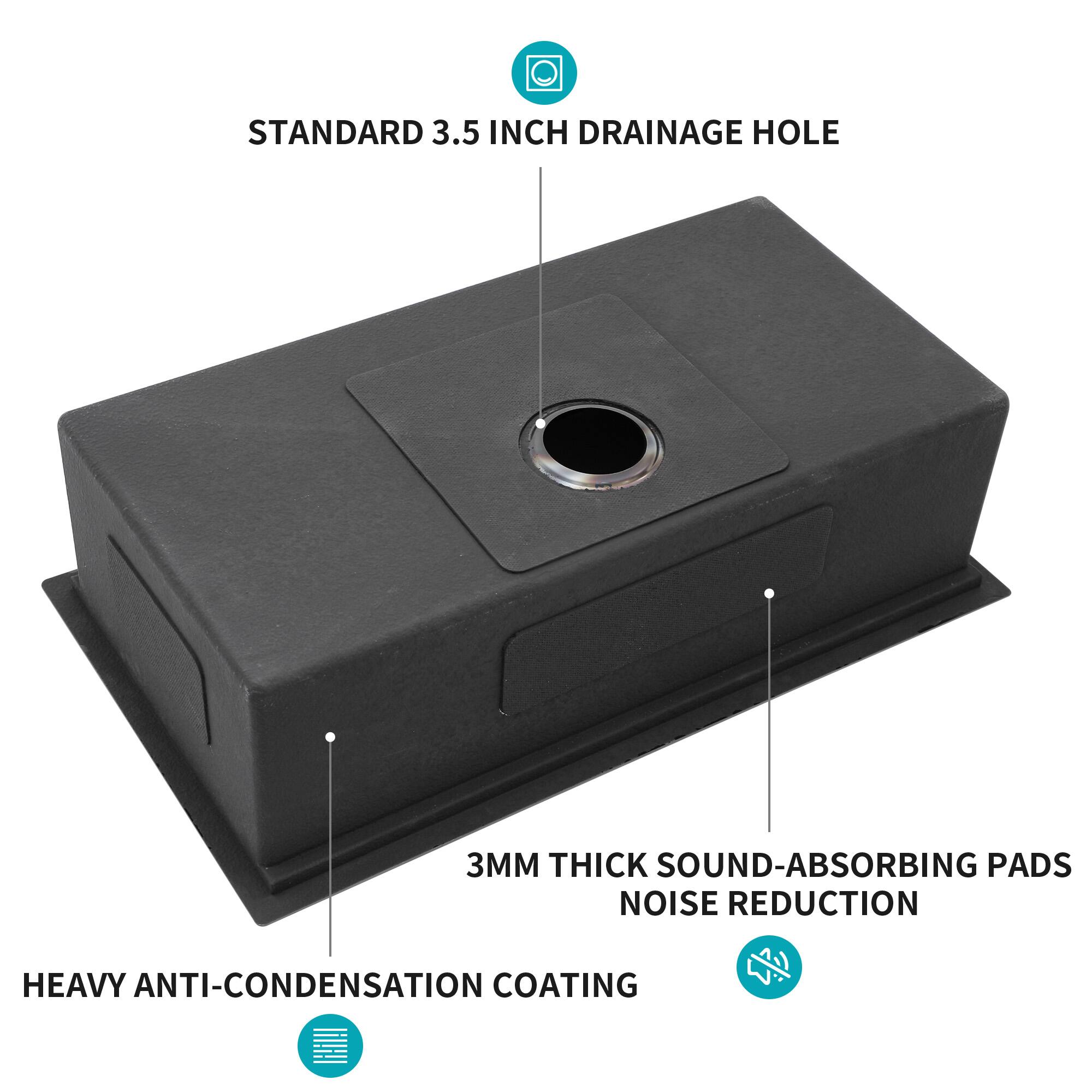 STANDARD 3.5 INCH DRAINAGE HOLE  
3MM THICK SOUND-ABSORBING PADS  
NOISE REDUCTION  
HEAVY ANTI-CONDENSATION COATING