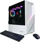 The image features a white computer tower with a keyboard and mouse placed in front of it. The computer tower is a CyberPowerPC, and it has a colorful lighting system on the front. The keyboard is black and has a purple light, while the mouse is also black. The setup appears to be a gaming computer, ready for use.
