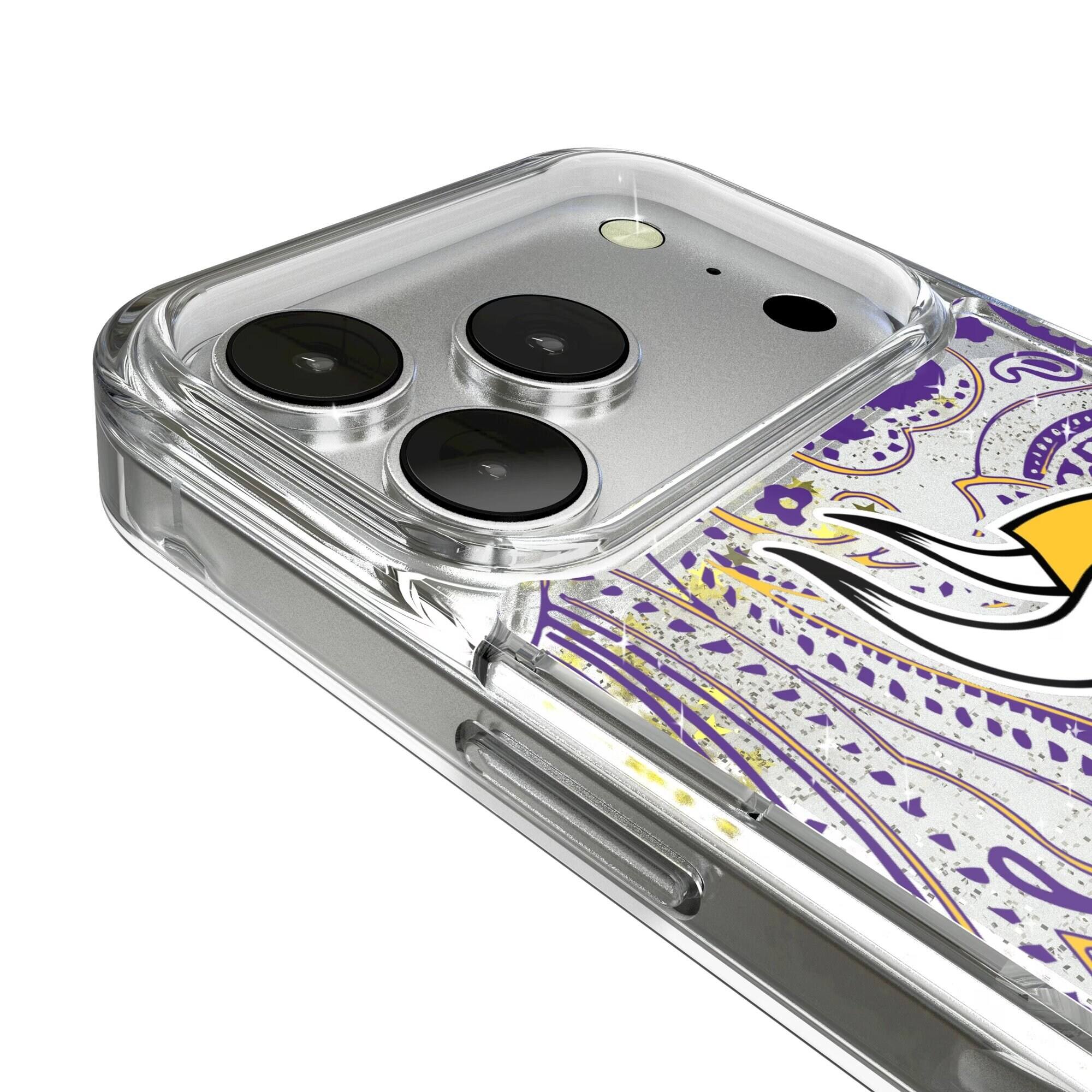 Alt View 2. Keyscaper - Minnesota Vikings iPhone Paisley Design Glitter Case - 14 Pro Max - Multicolor.